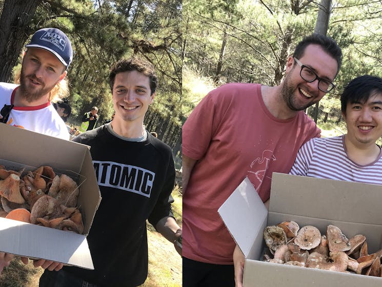 Two images of two couple of young guys with a box full of mushrooms