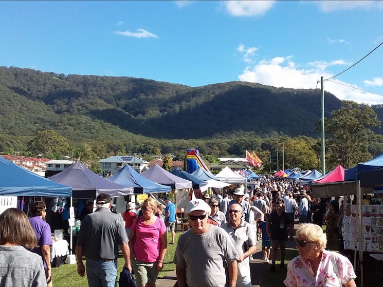The Laurieton Riverwalk Market with beautiful North Brother Mountain behind