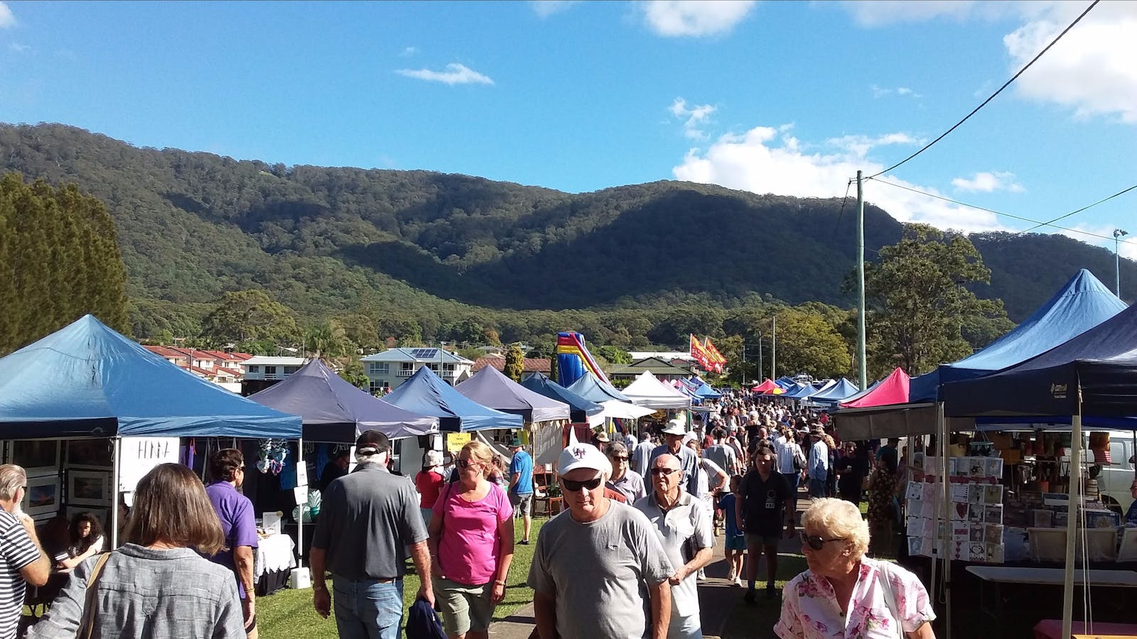 The Laurieton Riverwalk Market with beautiful North Brother Mountain behind