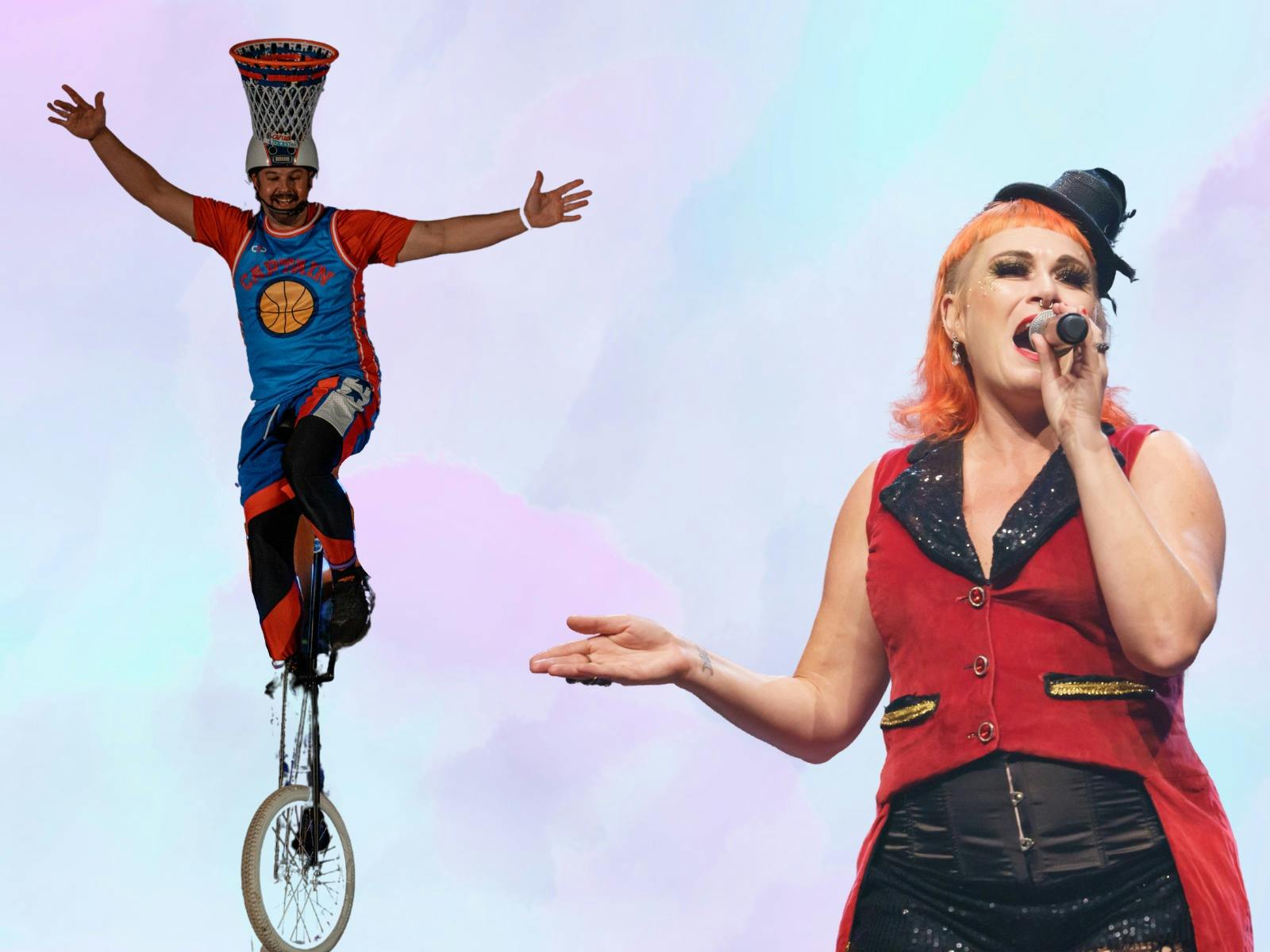 Man riding a unicycle wearing a basketball ring on his head and woman singing in a circus outfit