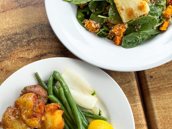 Pumpkin salad and Mackerel with vegetables