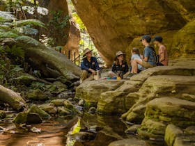 Two tour guides and their guests enjoy a break beside the creek at Ward's Canyon, Carnarvon Gorge.