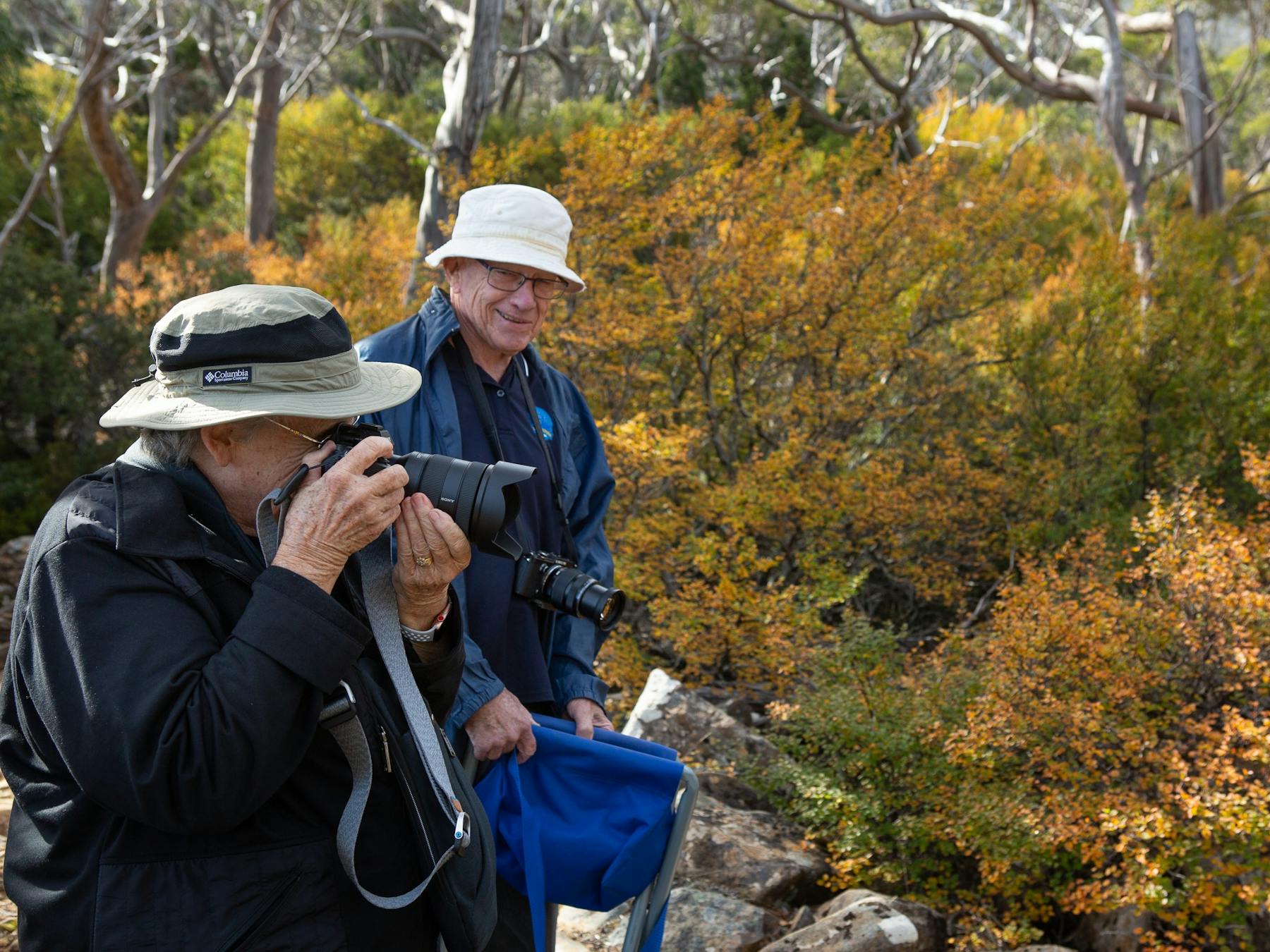 couple enjoying the fagus season - one with camera to eye taking photos