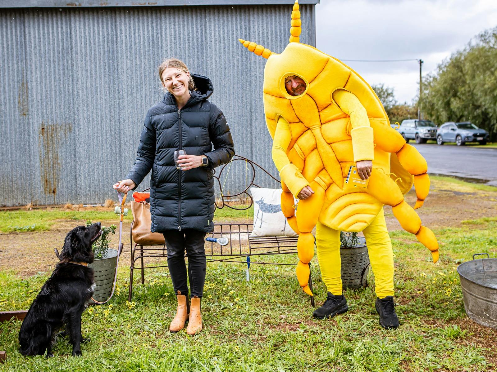 Phylloxera Phil and lady with dog