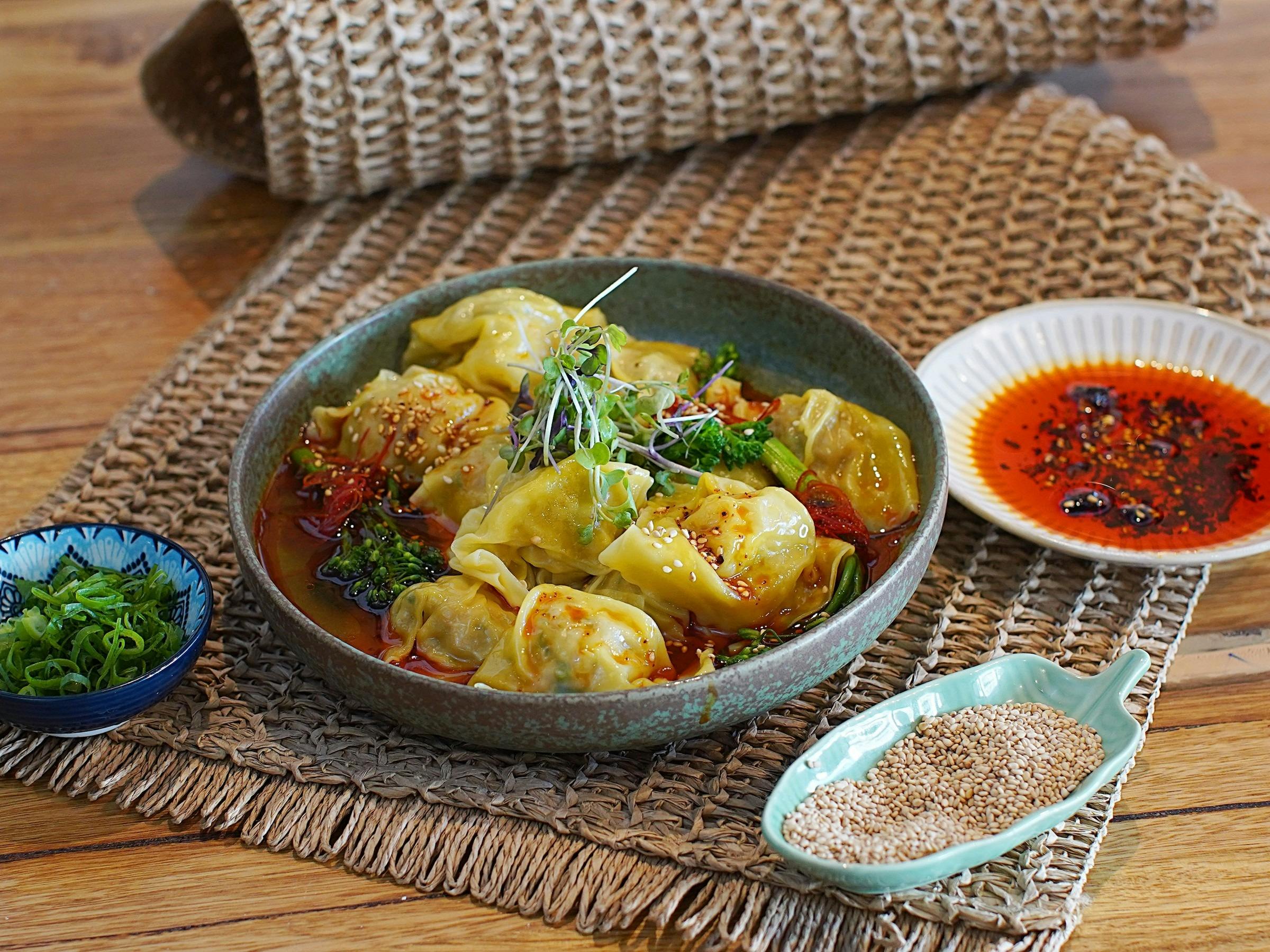 Handmade dumplings with chilli oil from the Pasta, Noodle and Dumpling workshop