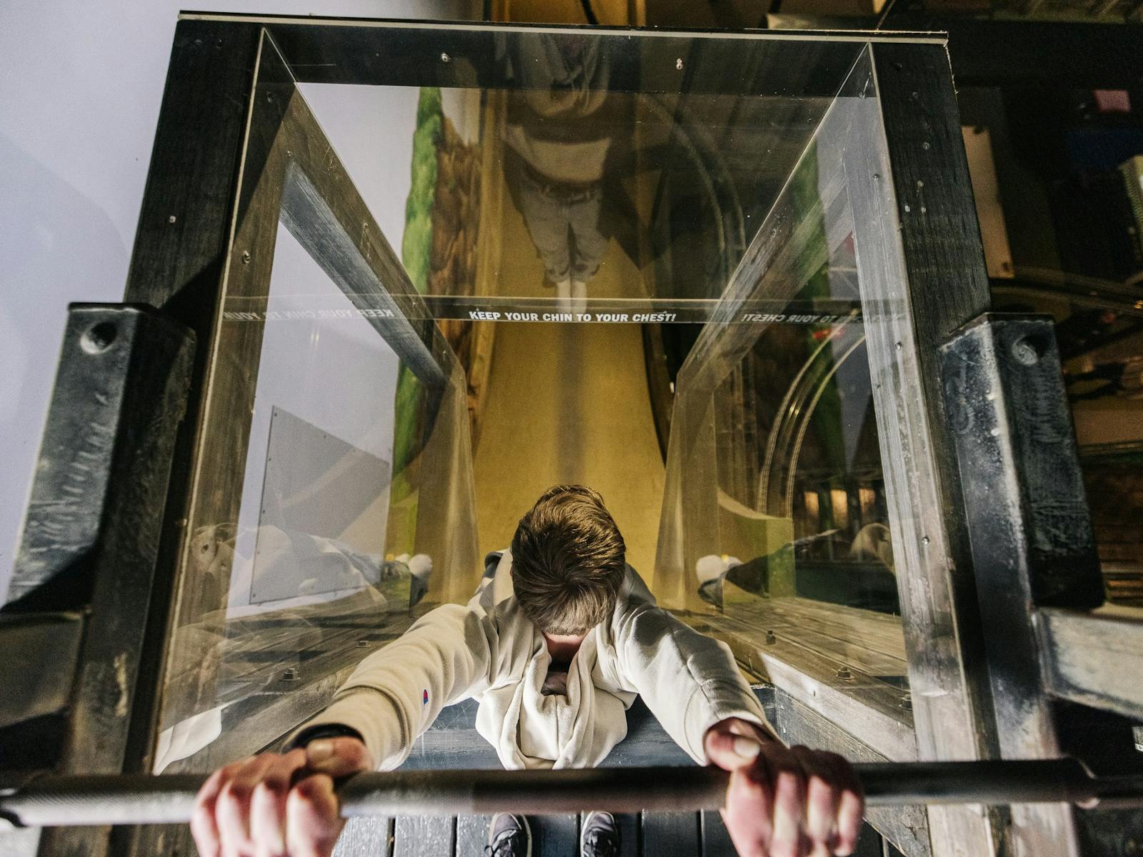Guest about to drop over 7 metres on the Look Out Slide at A Maze'N Things