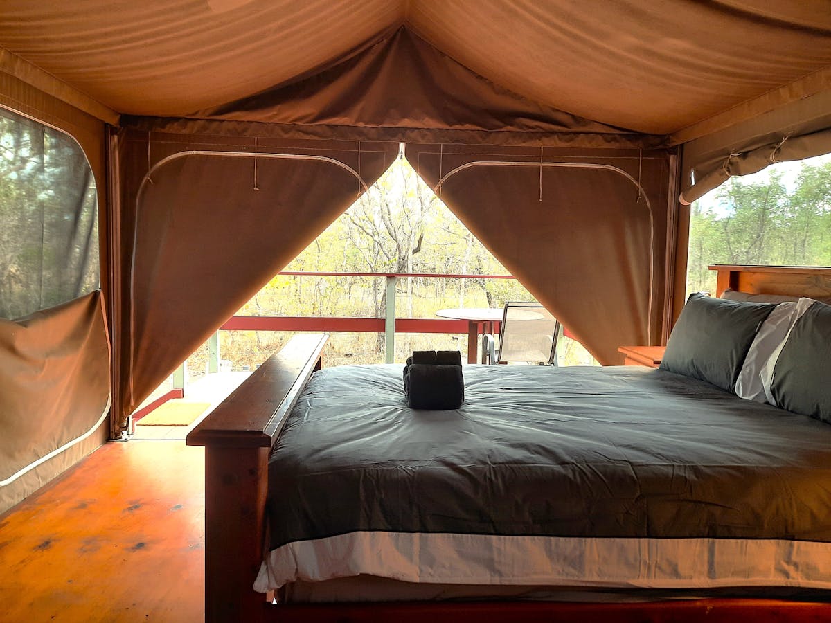 inside view of tent, luxurious bed