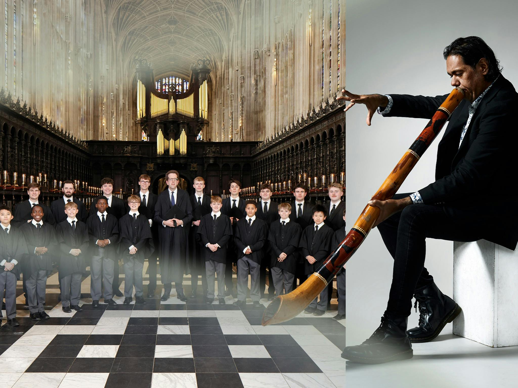 The Choir of King's College, Cambridge in its chapel, beside William Barton playing didgeridoo