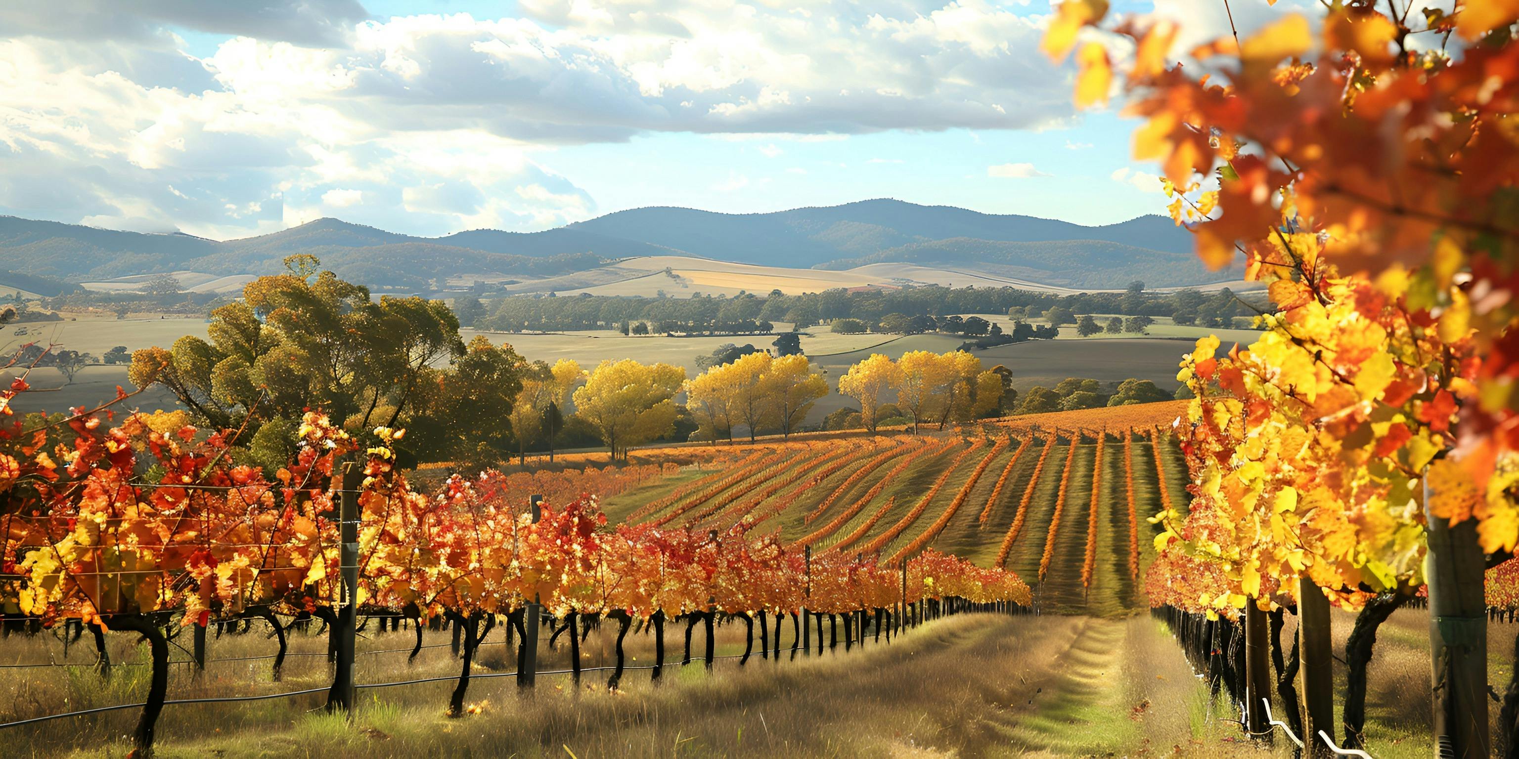 Yarra Valley vineyard, with th vine leaves changing colour in Autumn