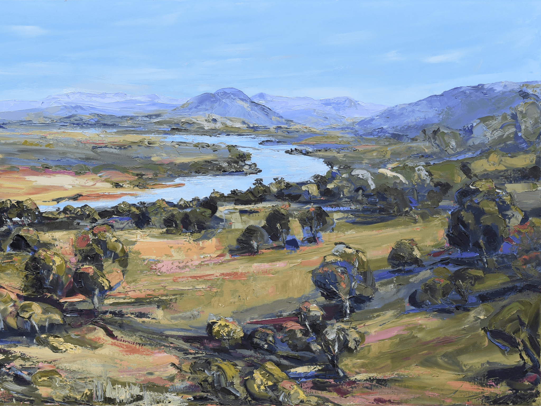 An oil painting of mountains and the Broken River by Wendy Jagger.