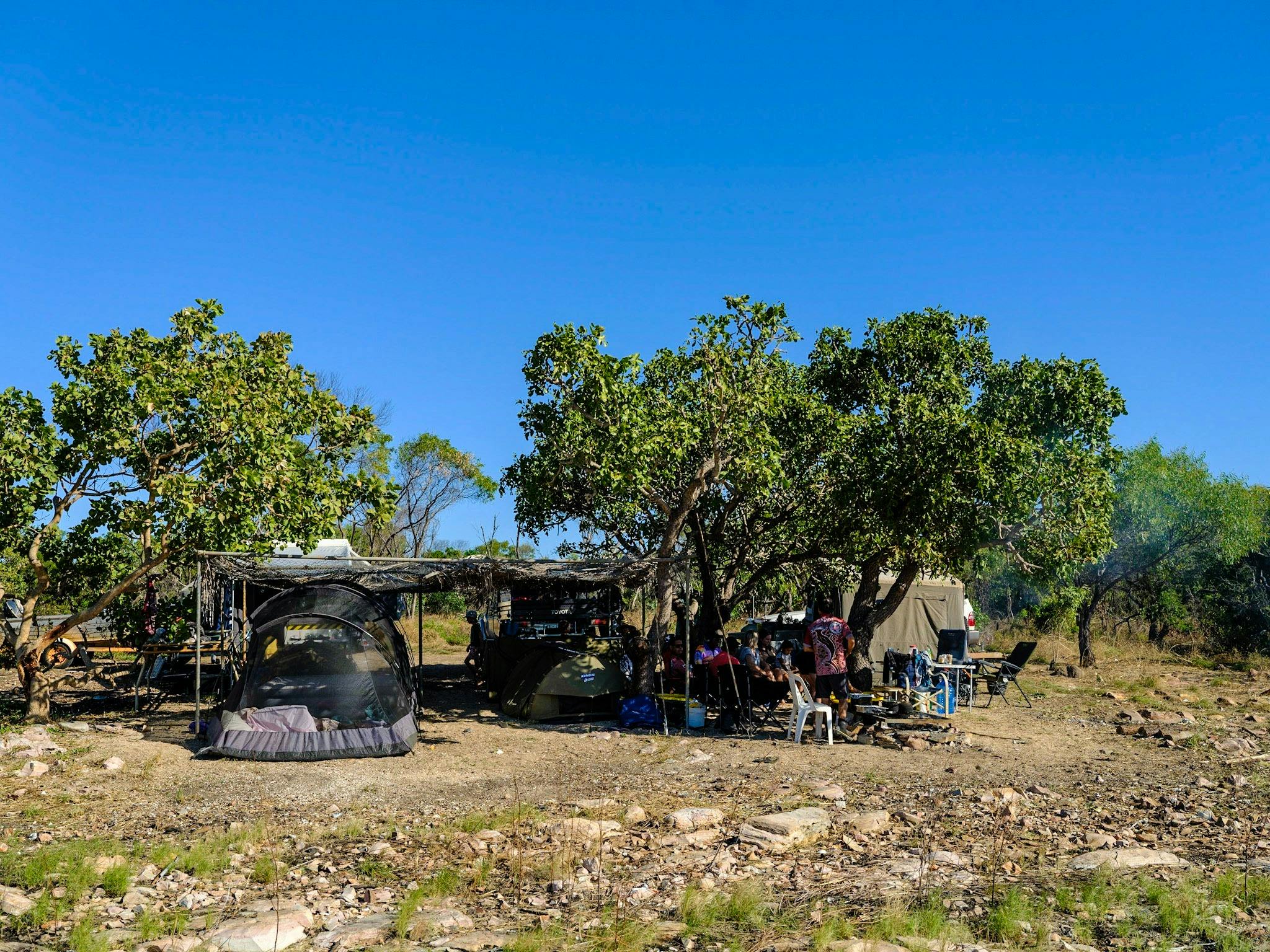 Beach shelters looking over mangroves.
