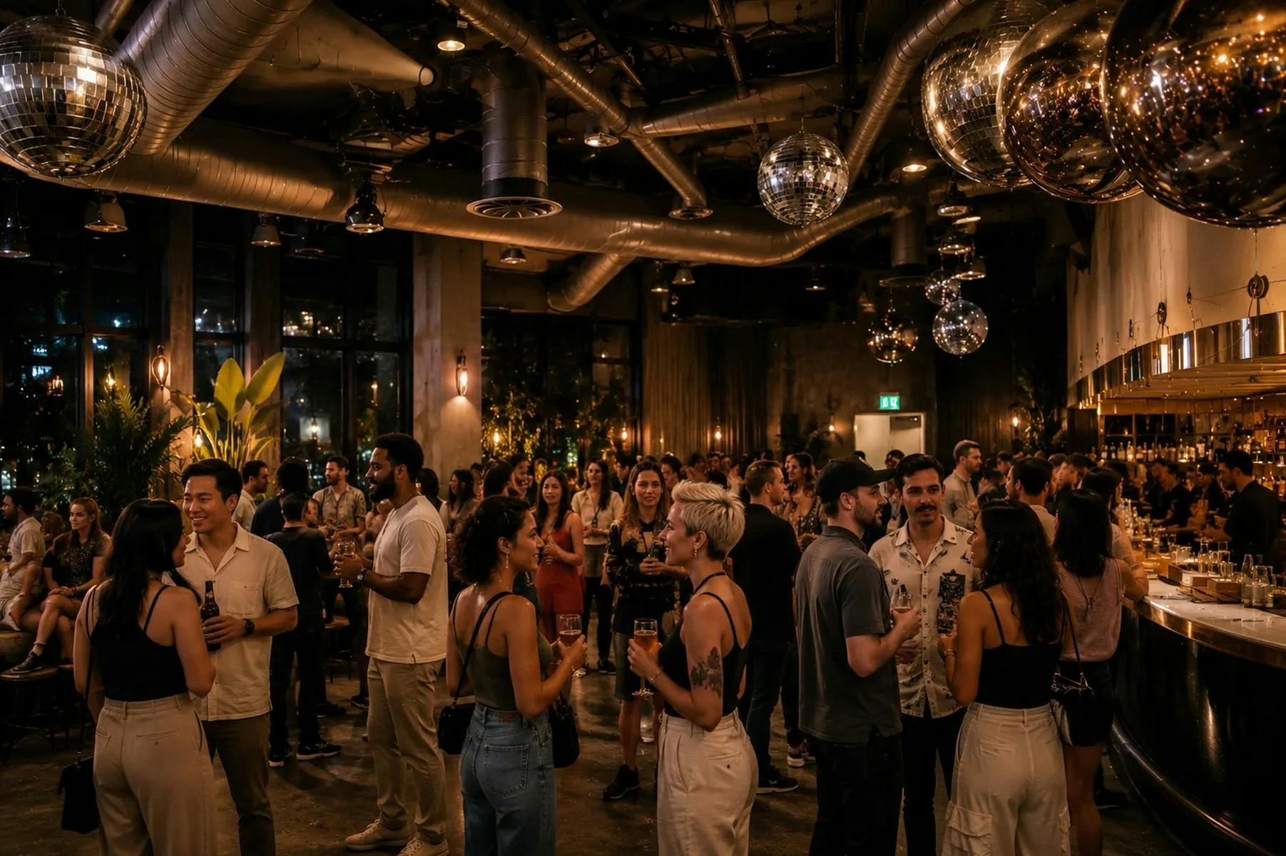 Guests mingling with drinks under disco balls at Beresford Upstairs, Surry Hills
