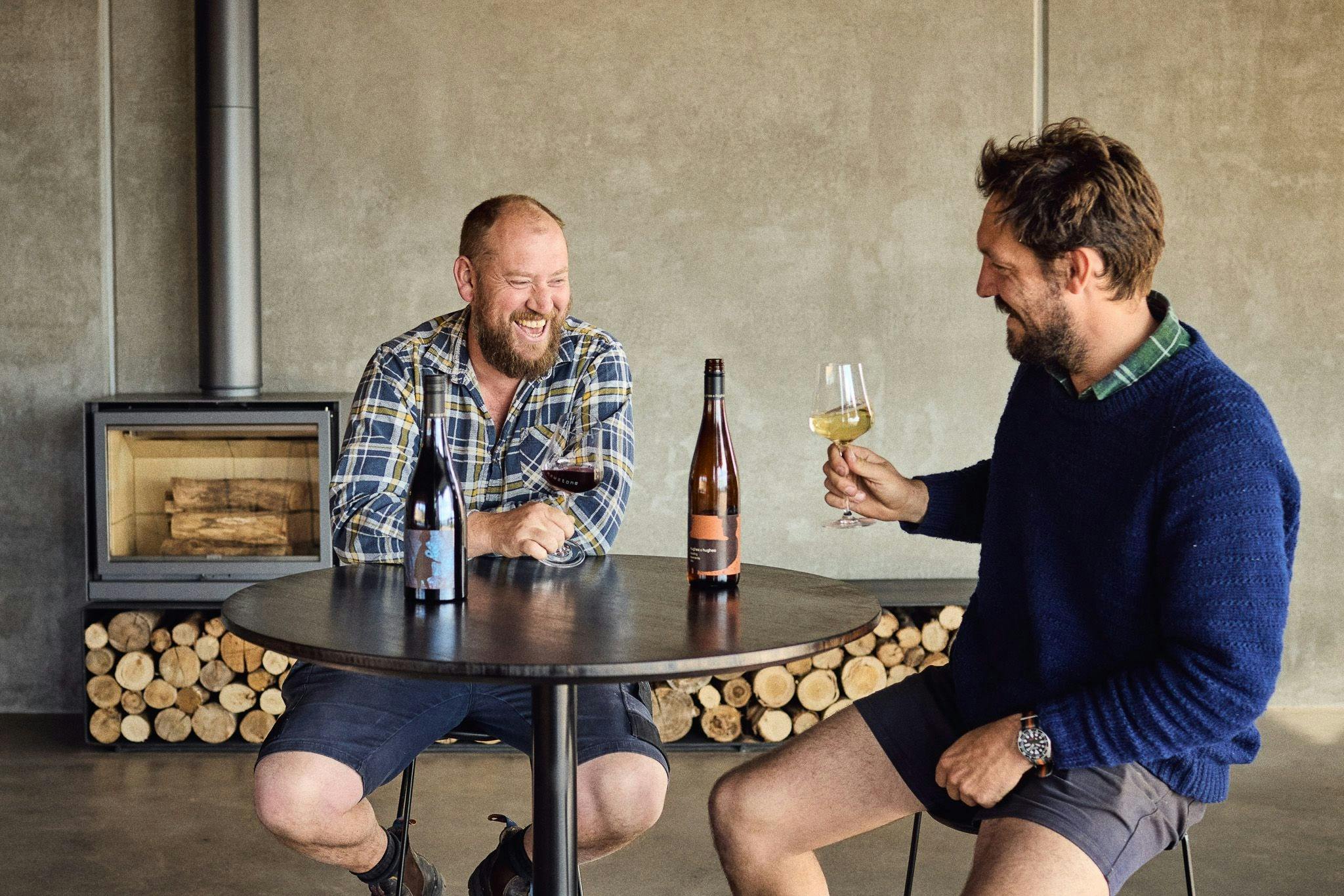 Jonny and Luke share a glass at the new Mewstone cellar door and winery at Flowerpot