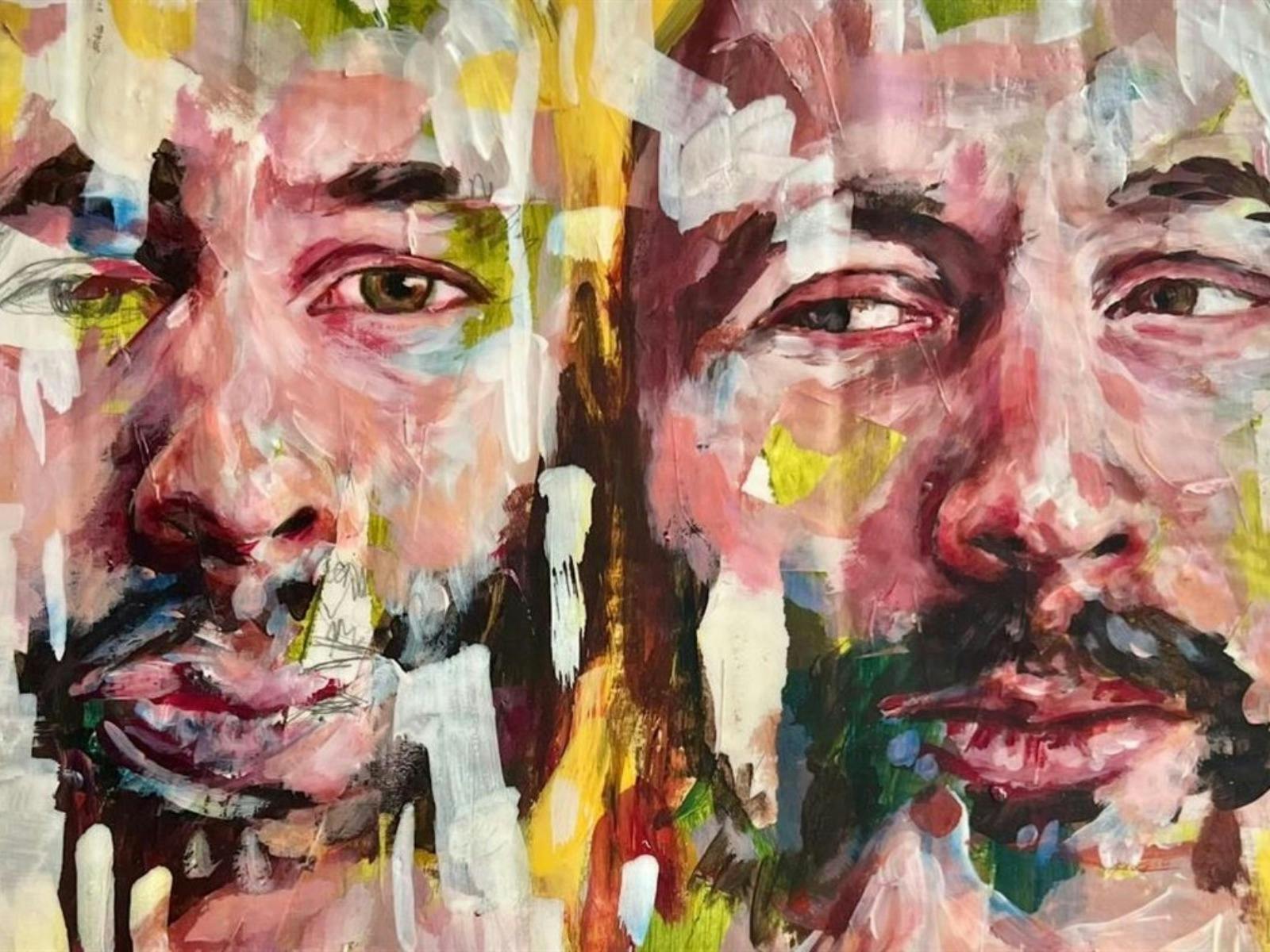 Close up of a painting of faciliator Michael Owen which uses thick brushstrokes and warm colours.