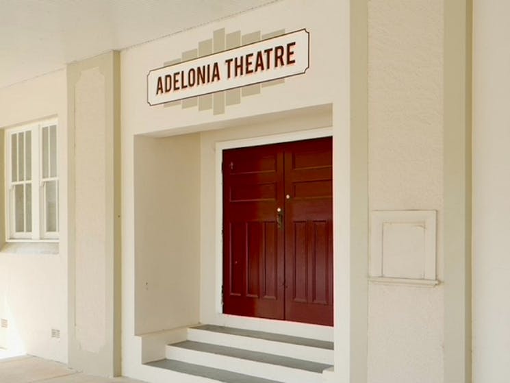 the front doors and steps of the Adelonia Theatre, a heritage listed building in Adelong