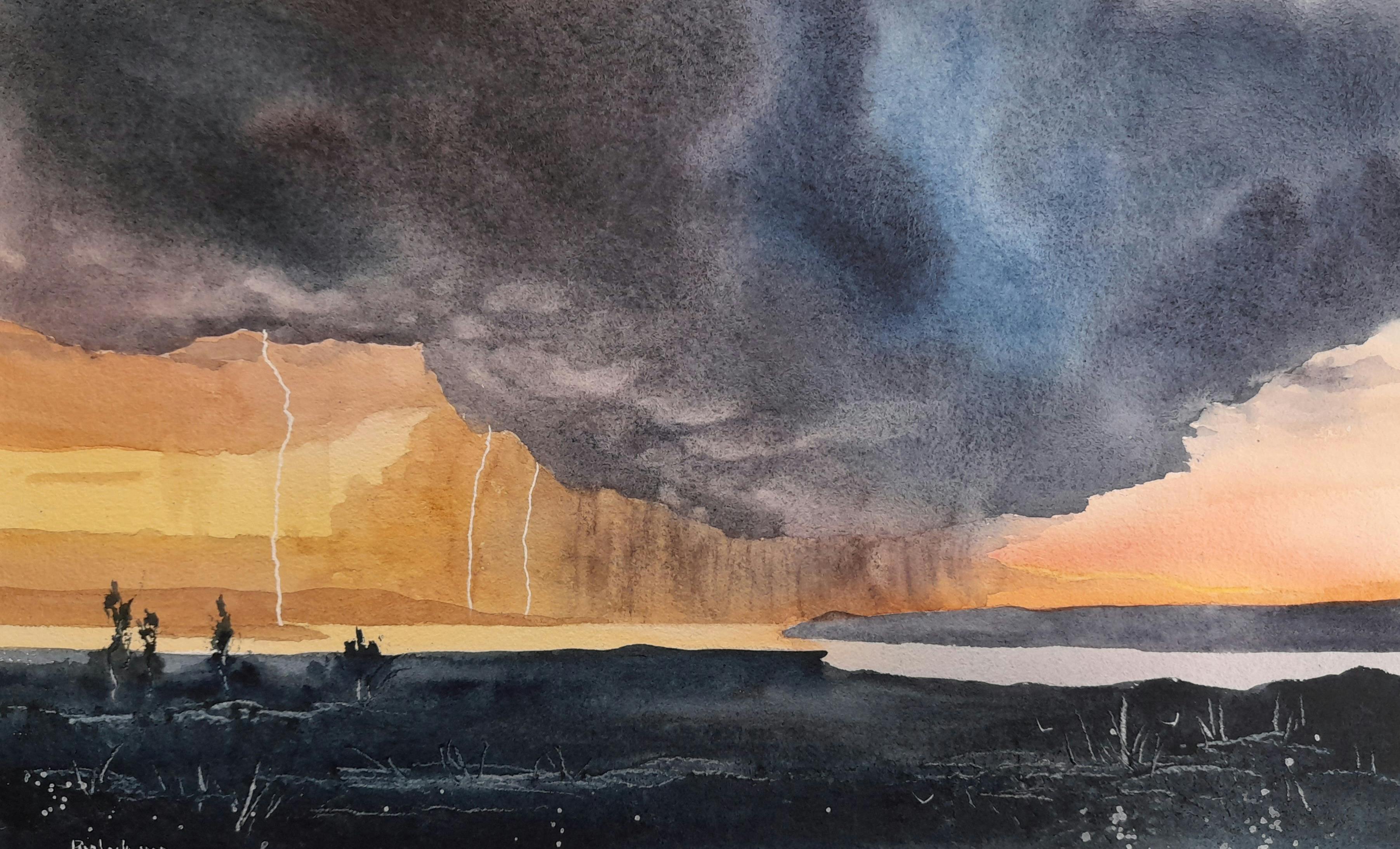 watercolour, lightning, sky, paint, beginner, clouds,