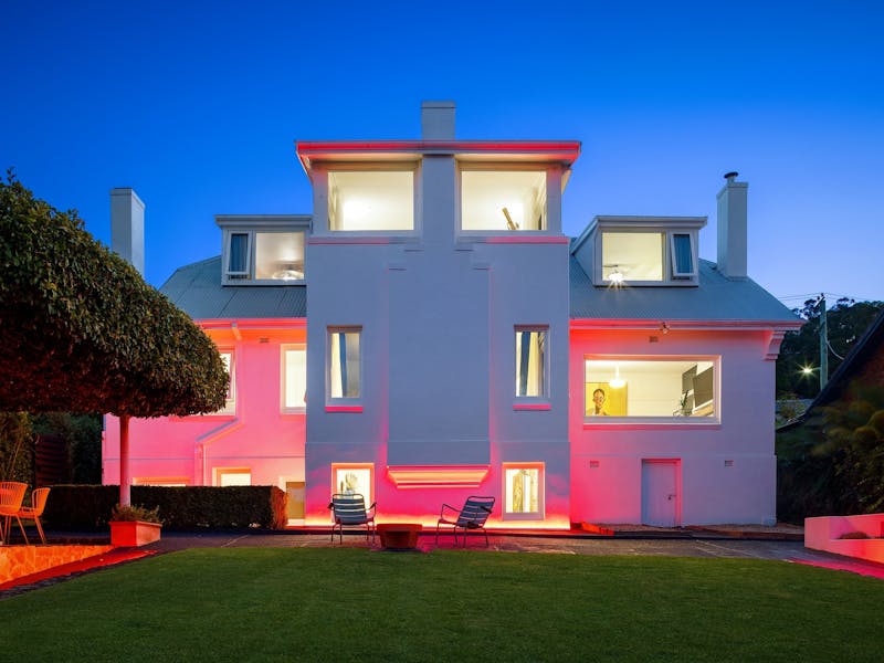 An art deco home in Launceston, with ambient lighting and immaculate grounds.