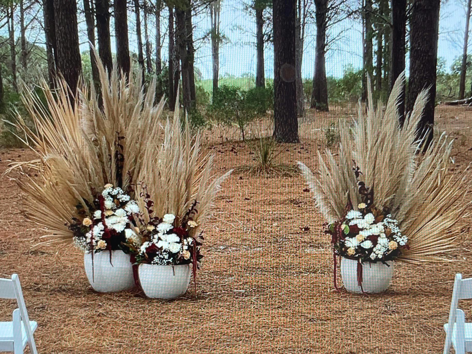 Pampus & Floral Arbour Arrangements in concrete pots at Helms Arboretum