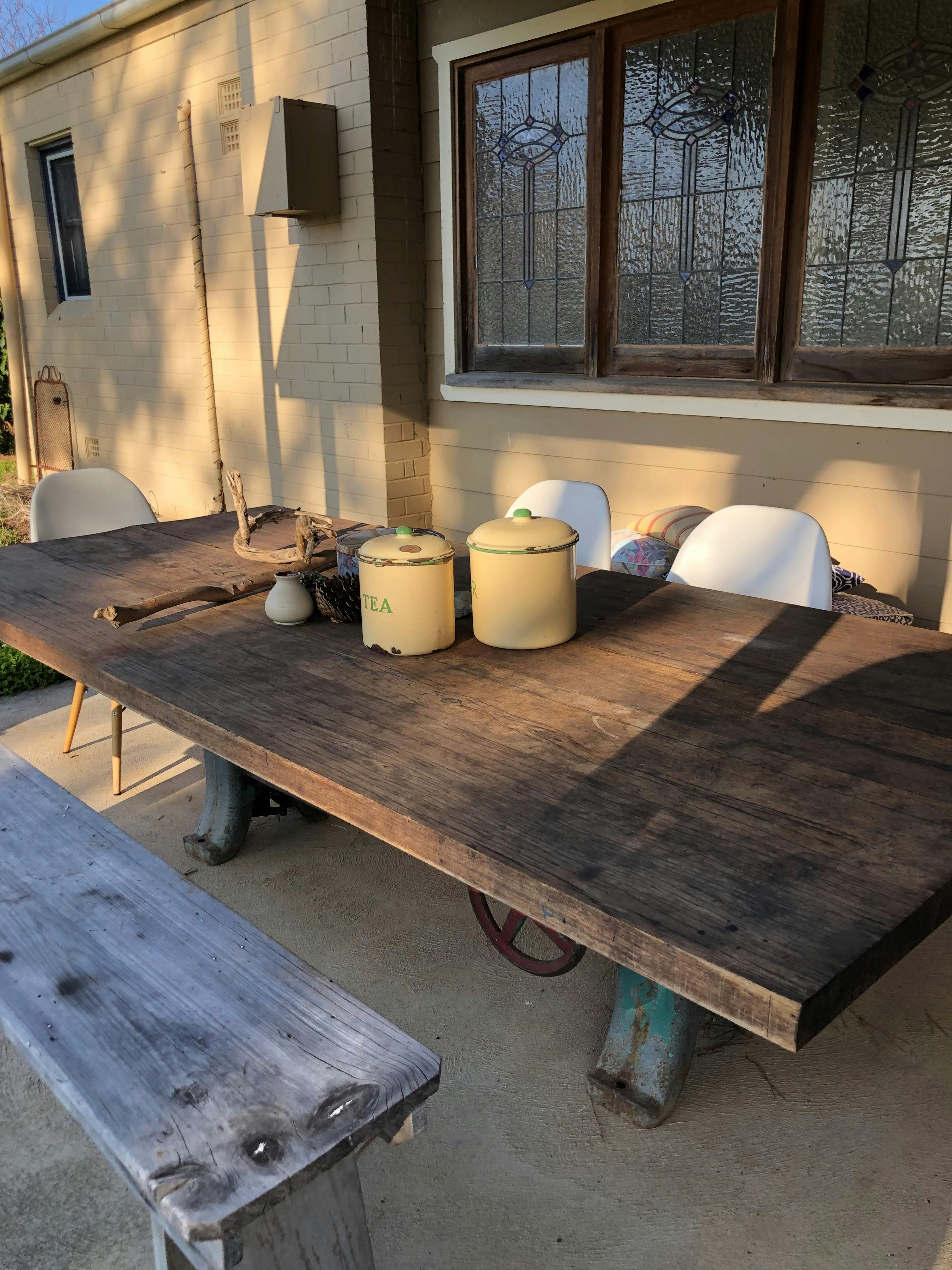 timber coffee table, canisters, window