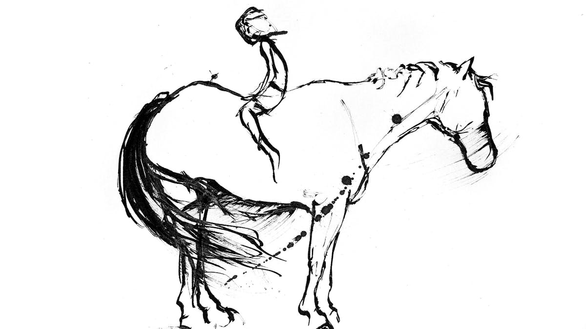 Black and white illustration of a child on a horse