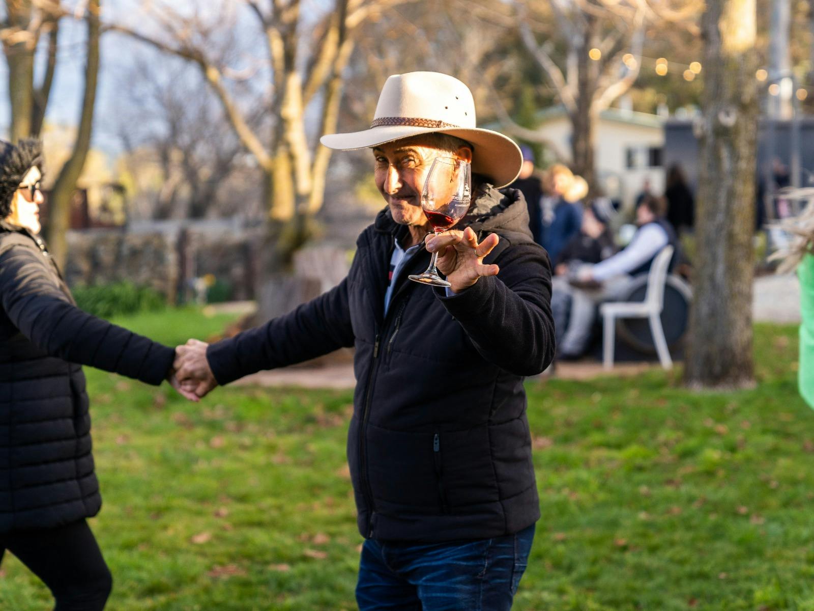 Man dancing with wine at Stockmans Ridge Wines