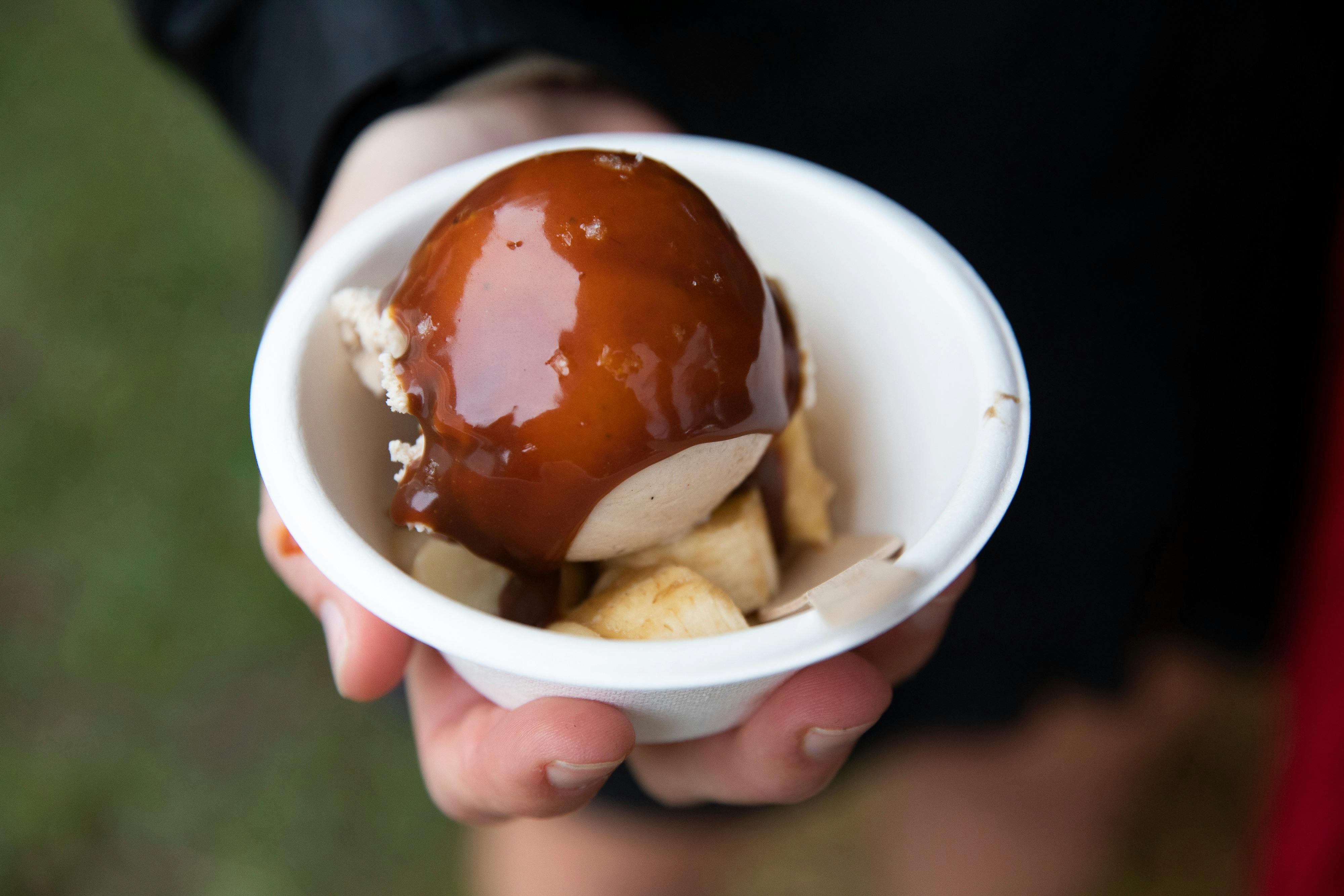 Natural Ice-cream Australiau2019s local banana & wattleseed ice-cream with miso butterscotch  and macas