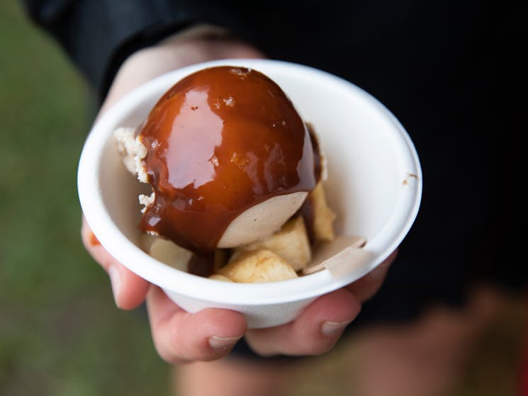 Natural Ice-cream Australia’s local banana & wattleseed ice-cream with miso butterscotch  and macas