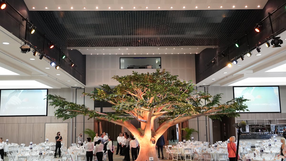 A tree installation inside a function room, with tables and chairs prepared for an event