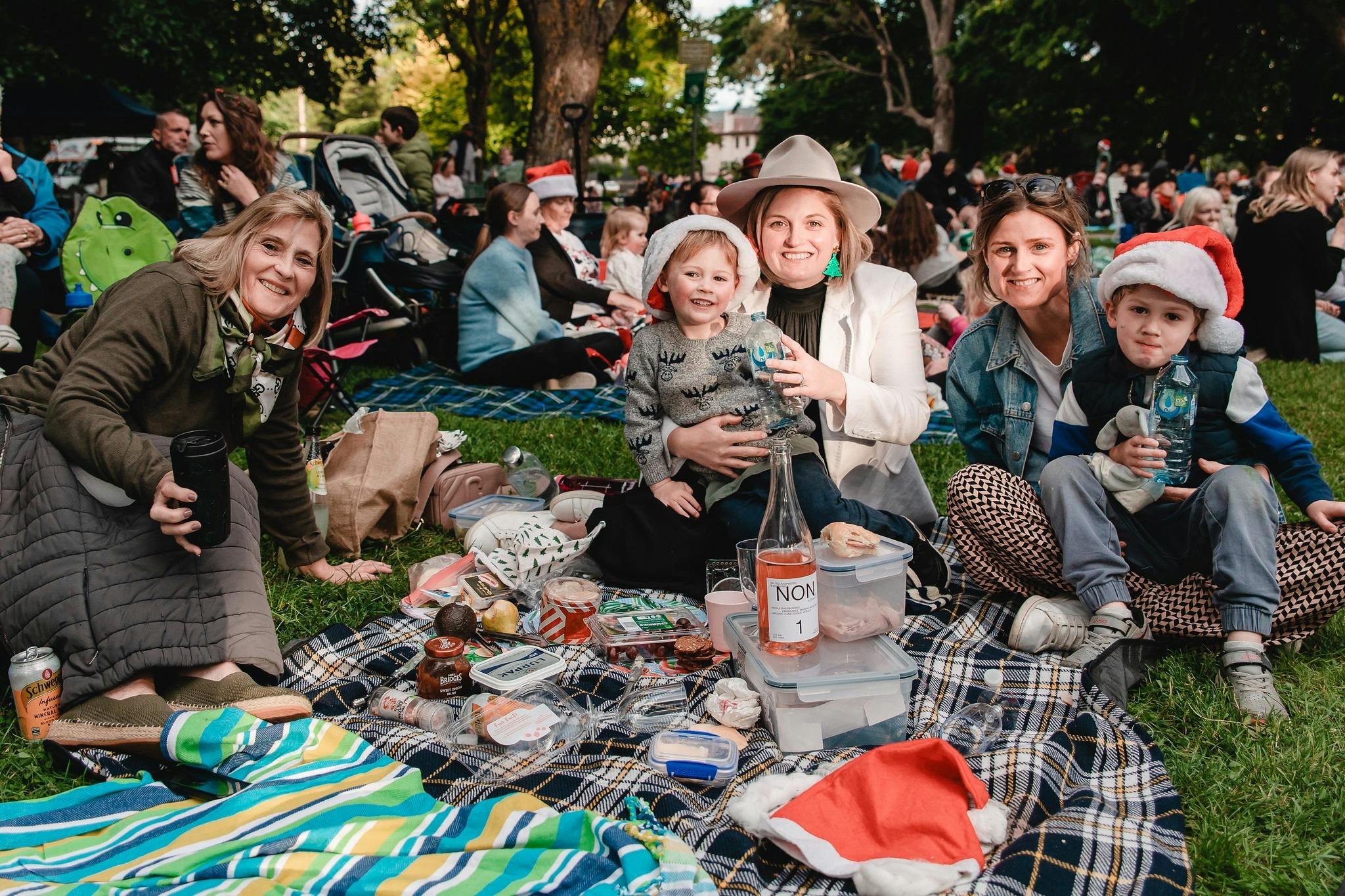 Family on a picnic rug smiling and looking at the canera