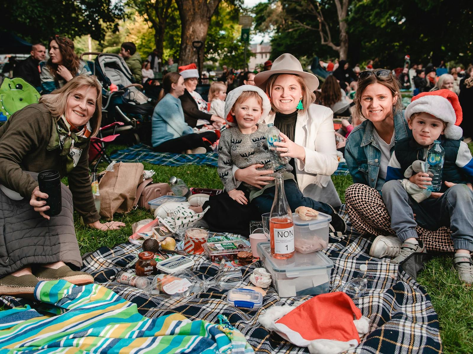 Family on a picnic rug smiling and looking at the canera