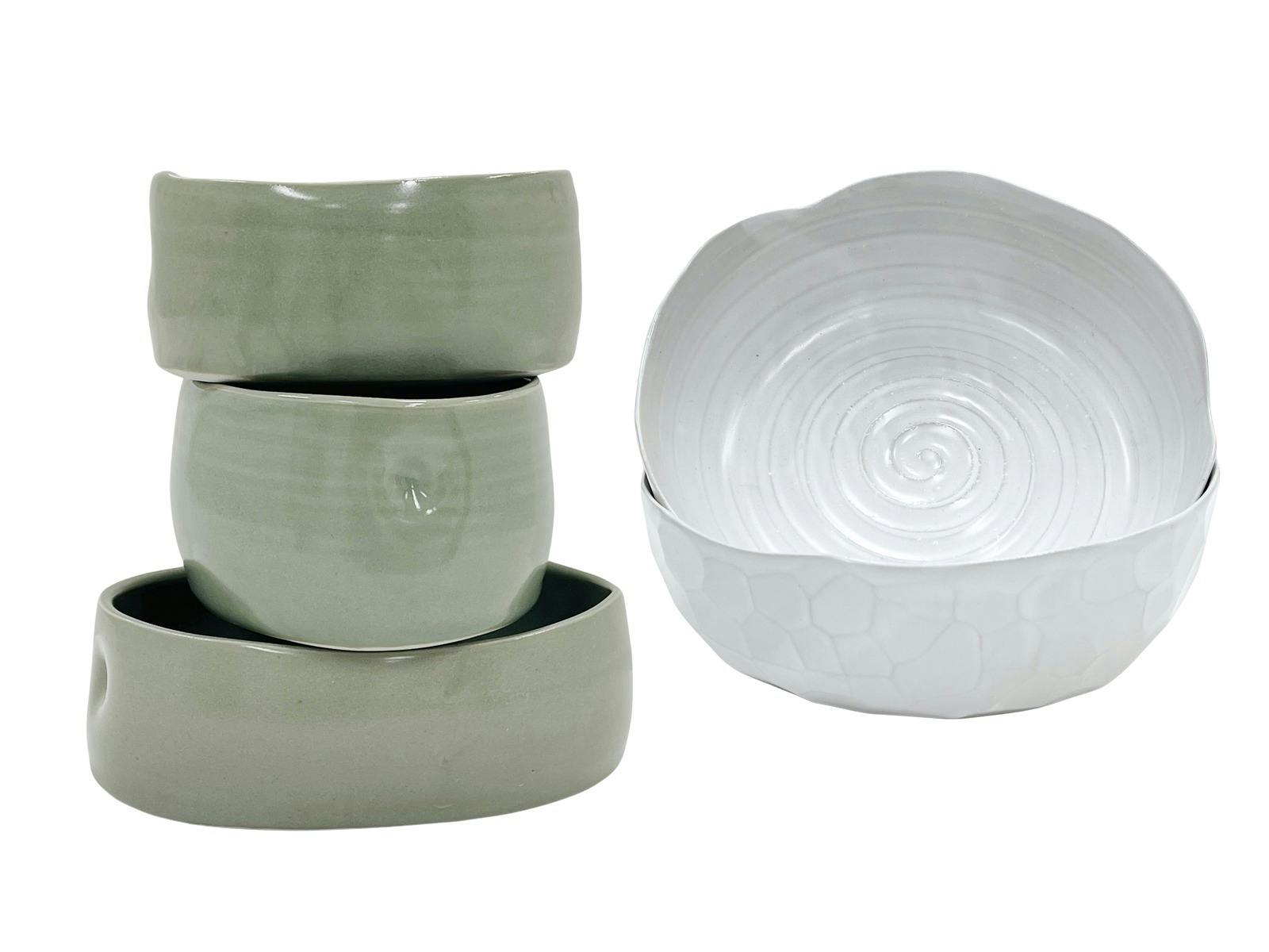 3 oval dishes by Rebecca Dowling, 2 white bowls by Ruth Byrne