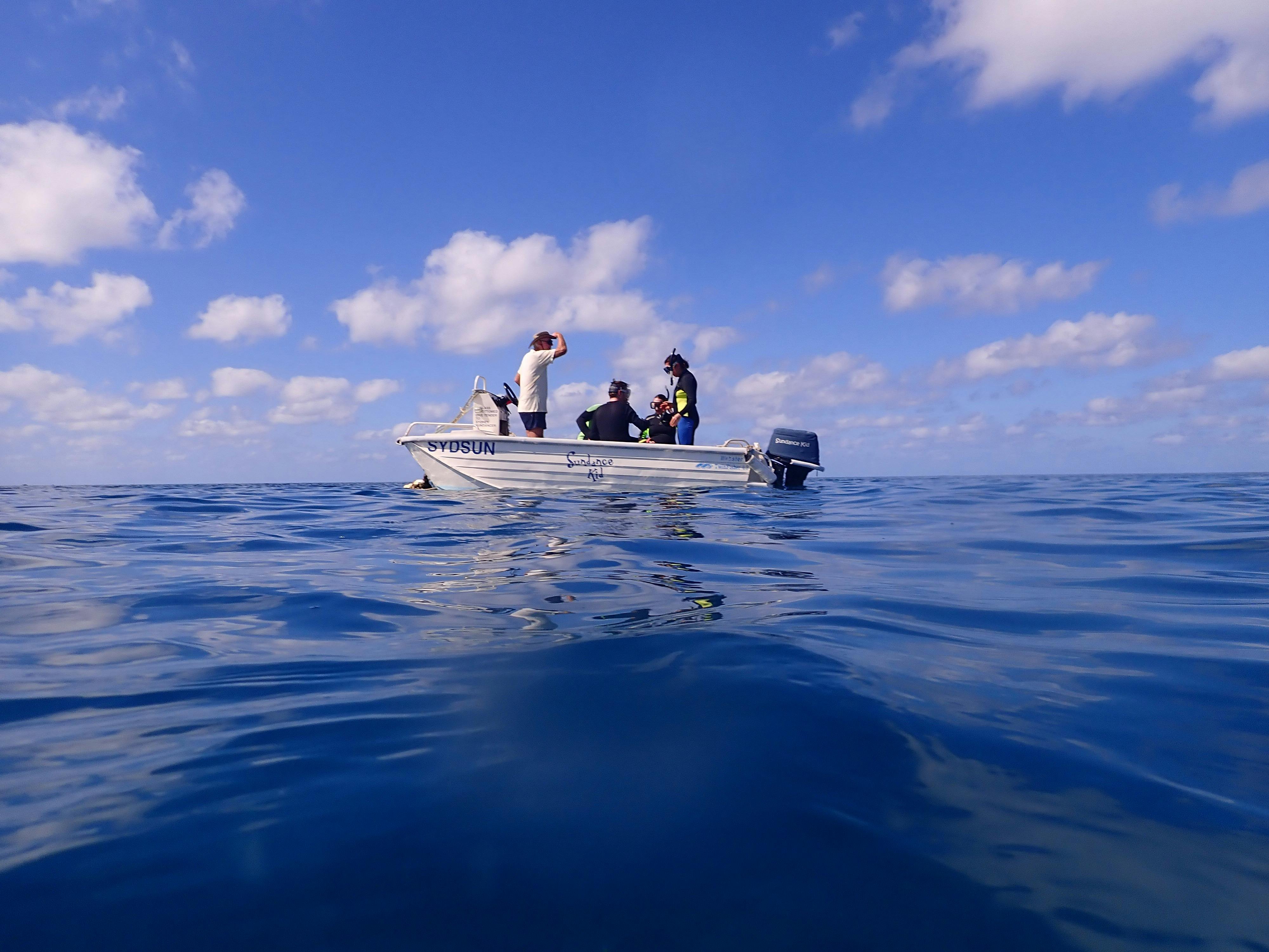 Amazing snorkelling on the outer Great Barrier Reef. Showing our dive tender
