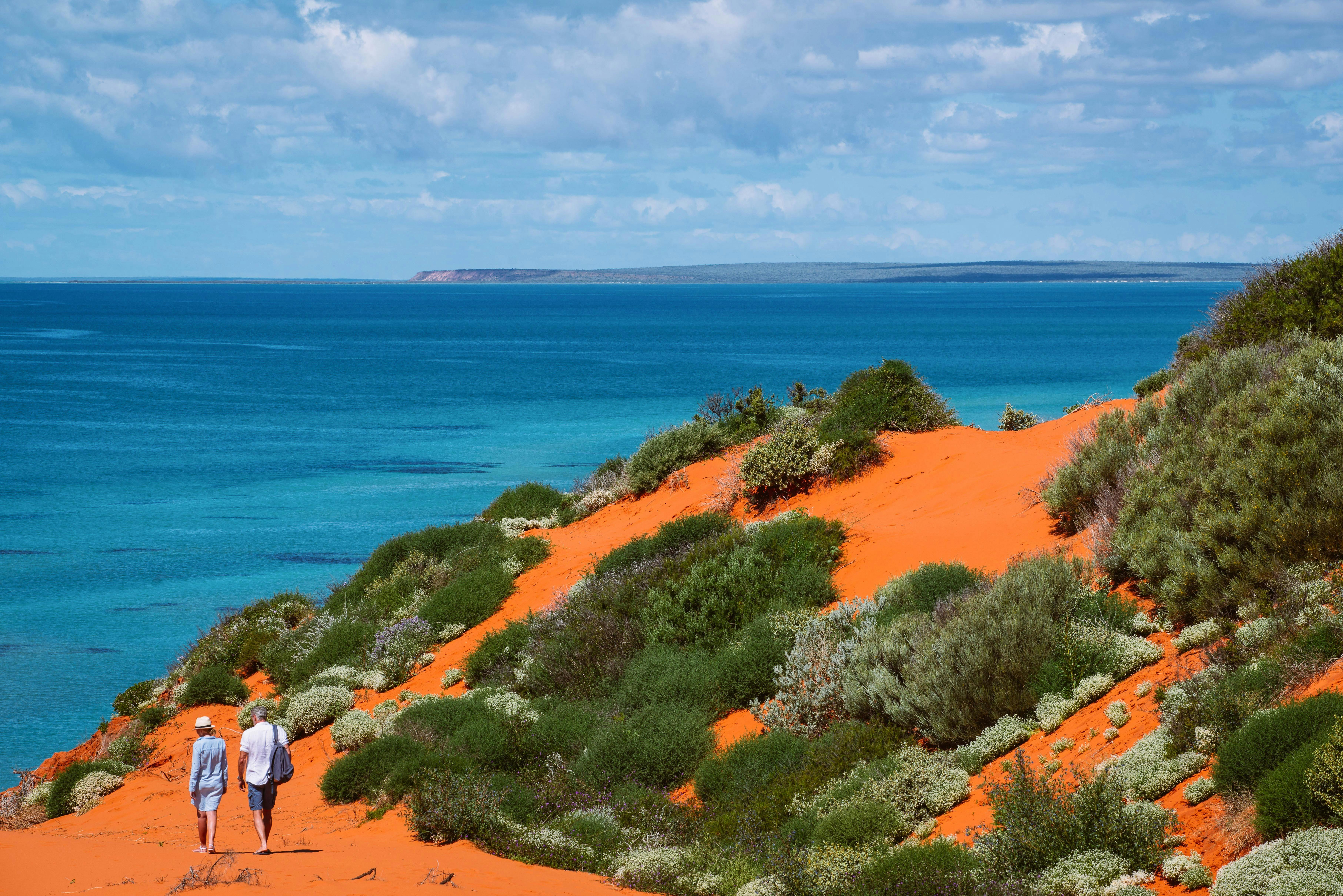 Two peoplw walking on a trail near the ocean.
