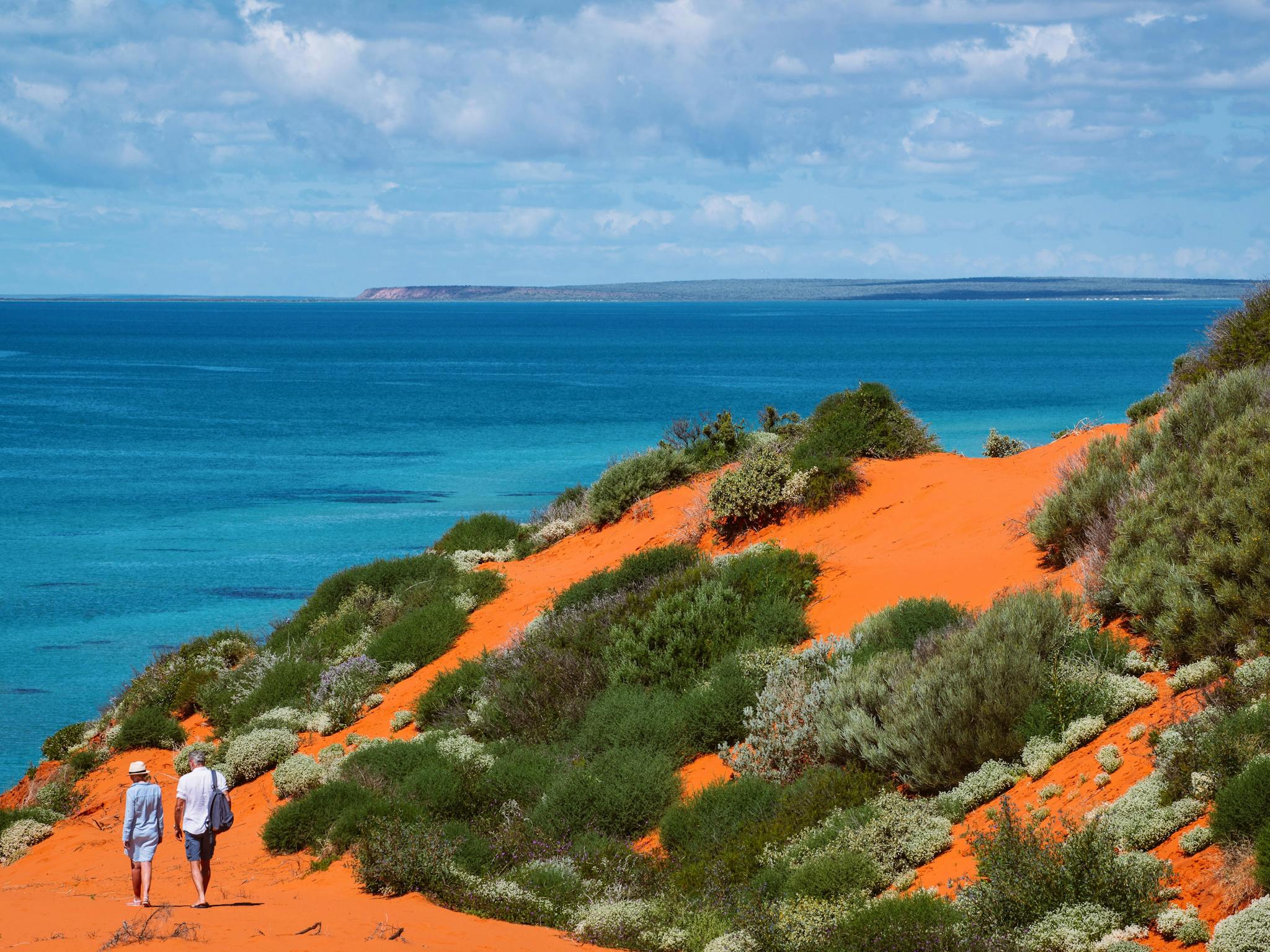 Two peoplw walking on a trail near the ocean.