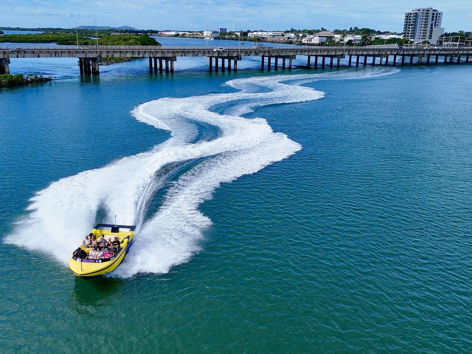 aerial image of jet boat moving at speed