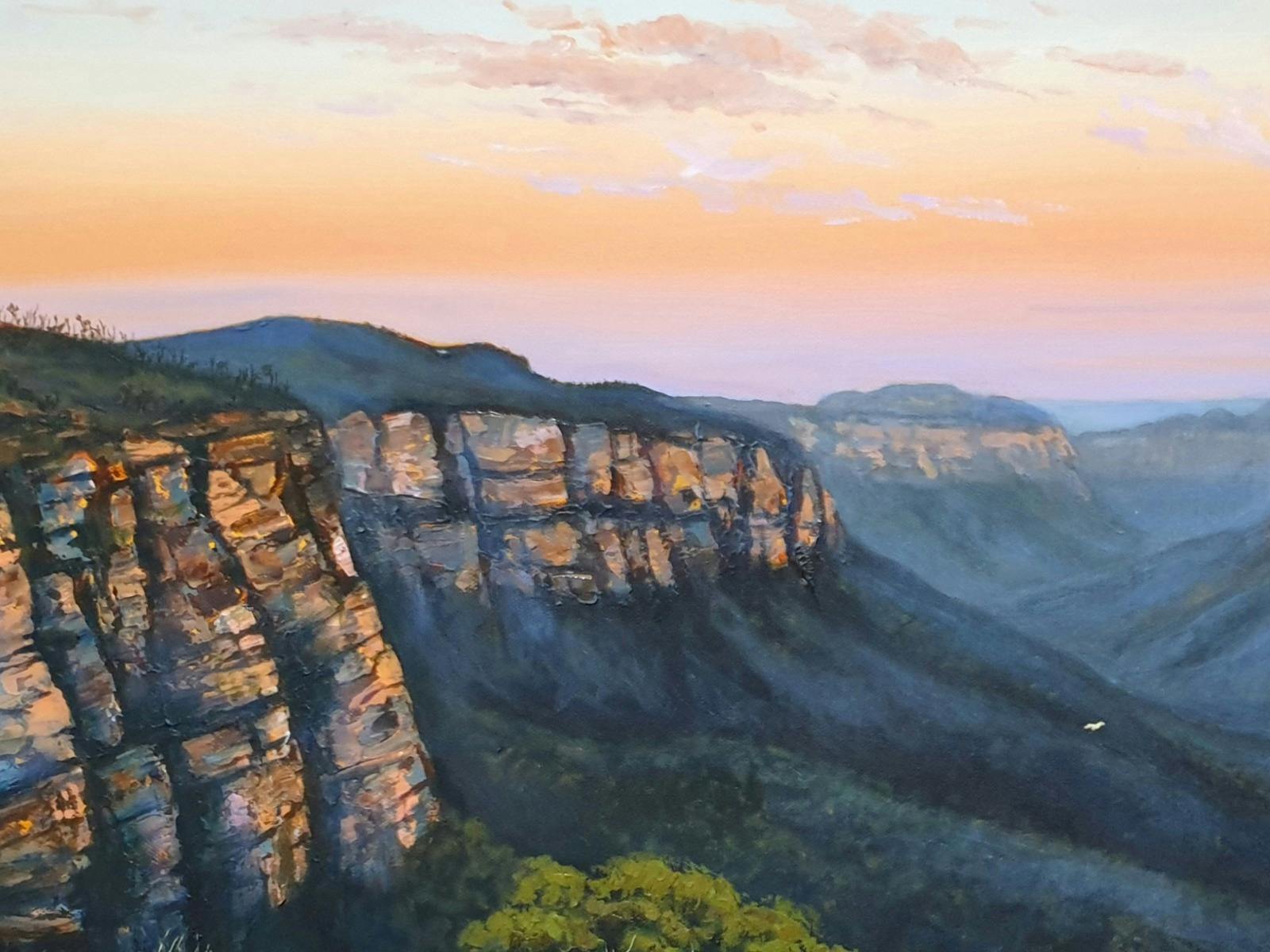 Landscape painting of the Blue Mountains canyon at dusk with cockatoo's flying their last flight of