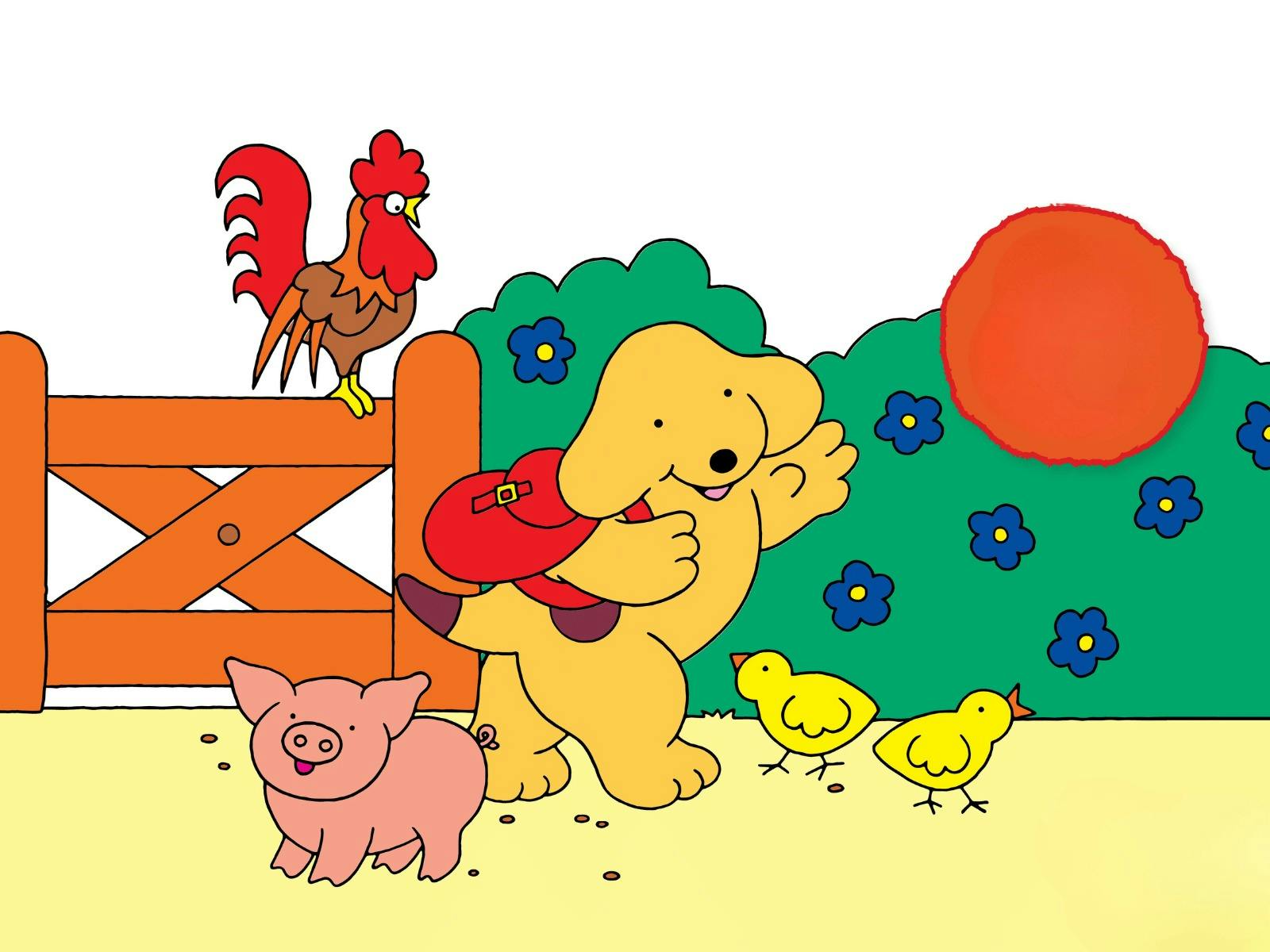 A yellow dog with a red backpack waves while walking past a pig, two chicks, and a rooster