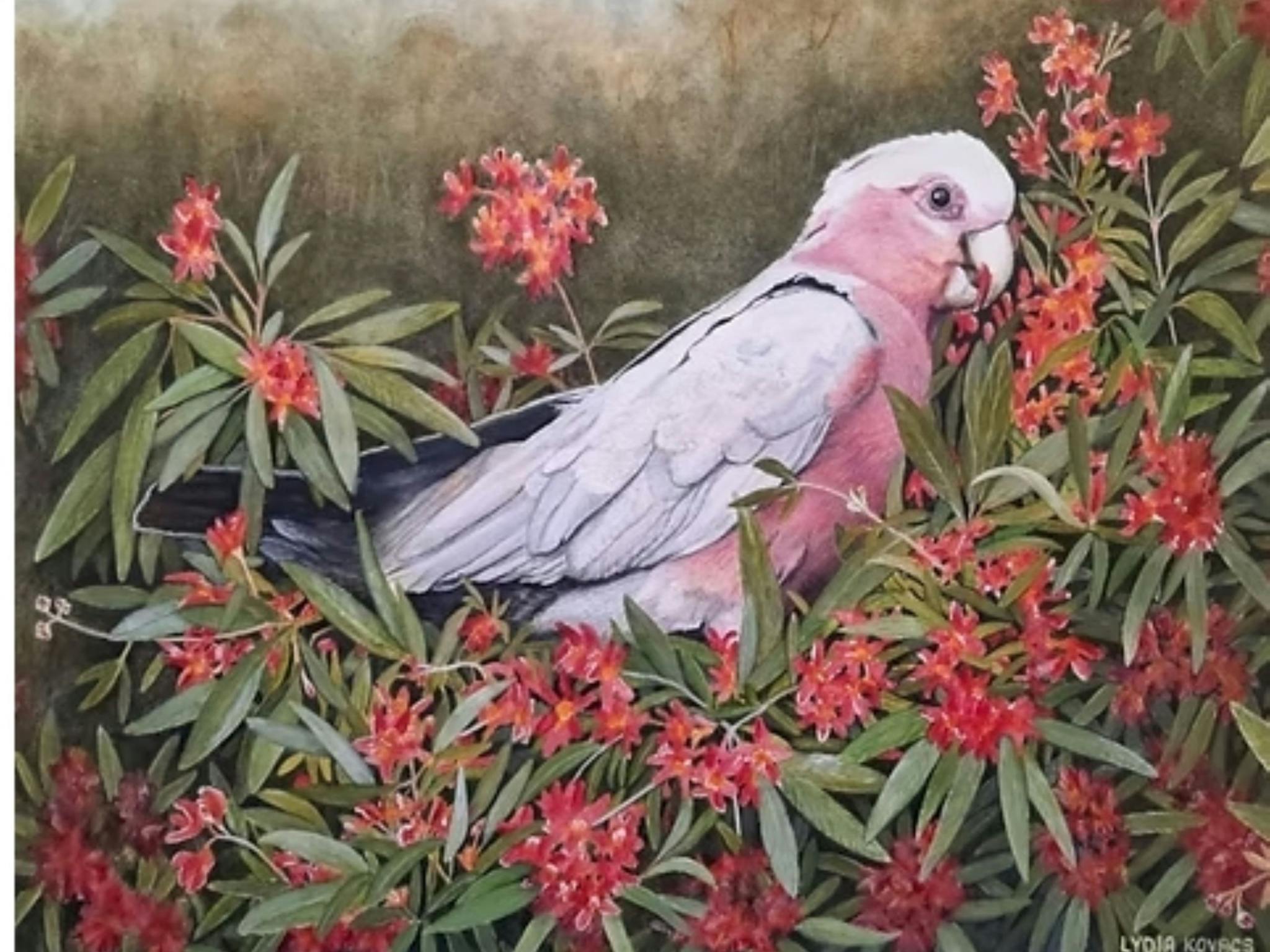 Image of a painting depicting a pink parrot