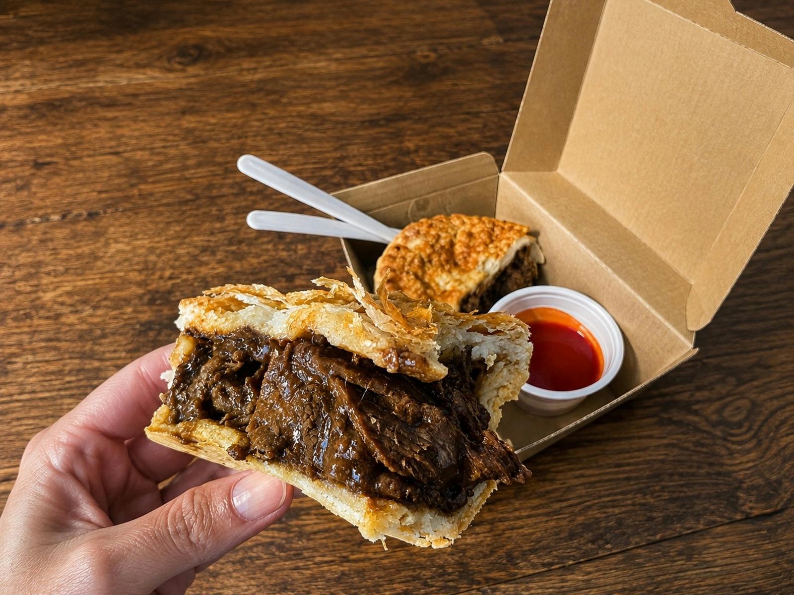 A hand holding a cut-open beef pie filled with chunky pieces of slow-cooked beef and rich gravy.