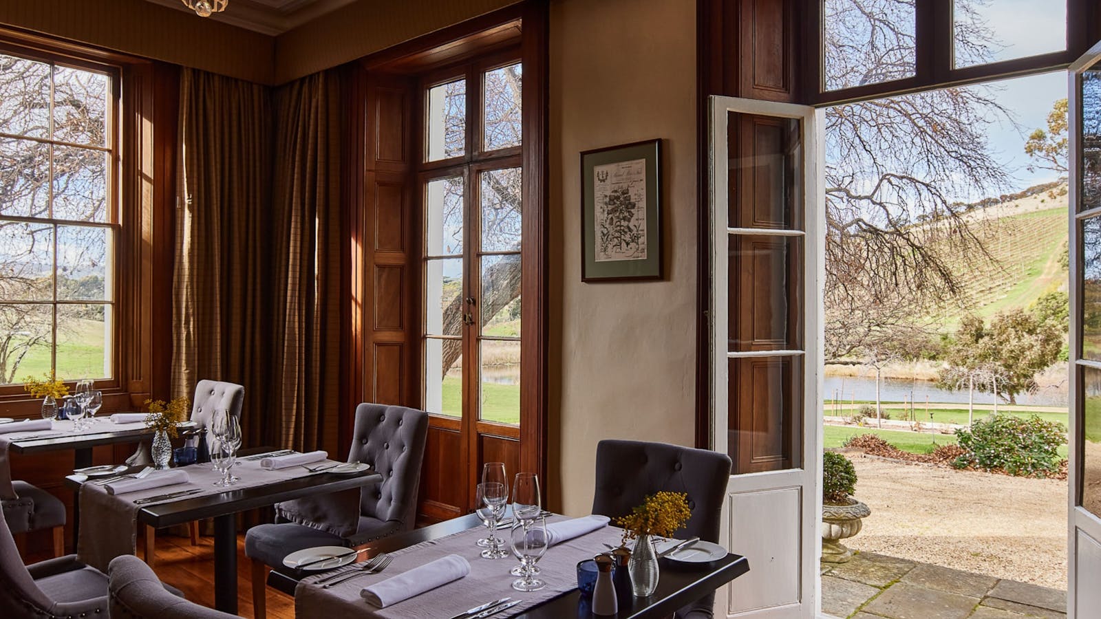 French Doors Opening into the Sprawling Country Garden Overlooking Pooley Wines Vineyard