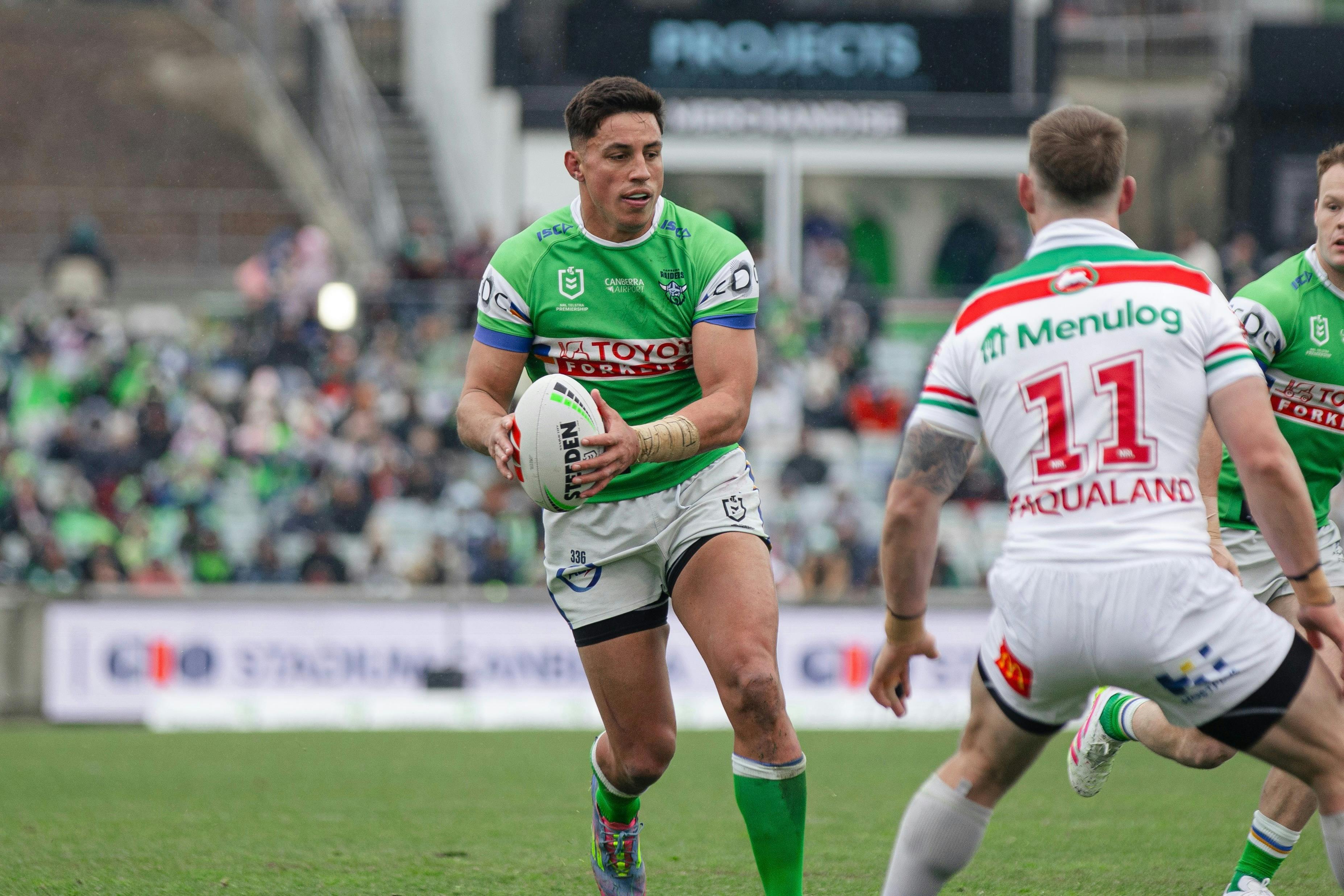 Canberra Raiders player Joseph Tapine running the ball.