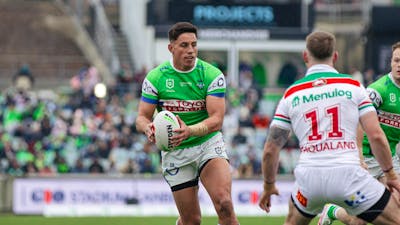 Canberra Raiders player Joseph Tapine running the ball.