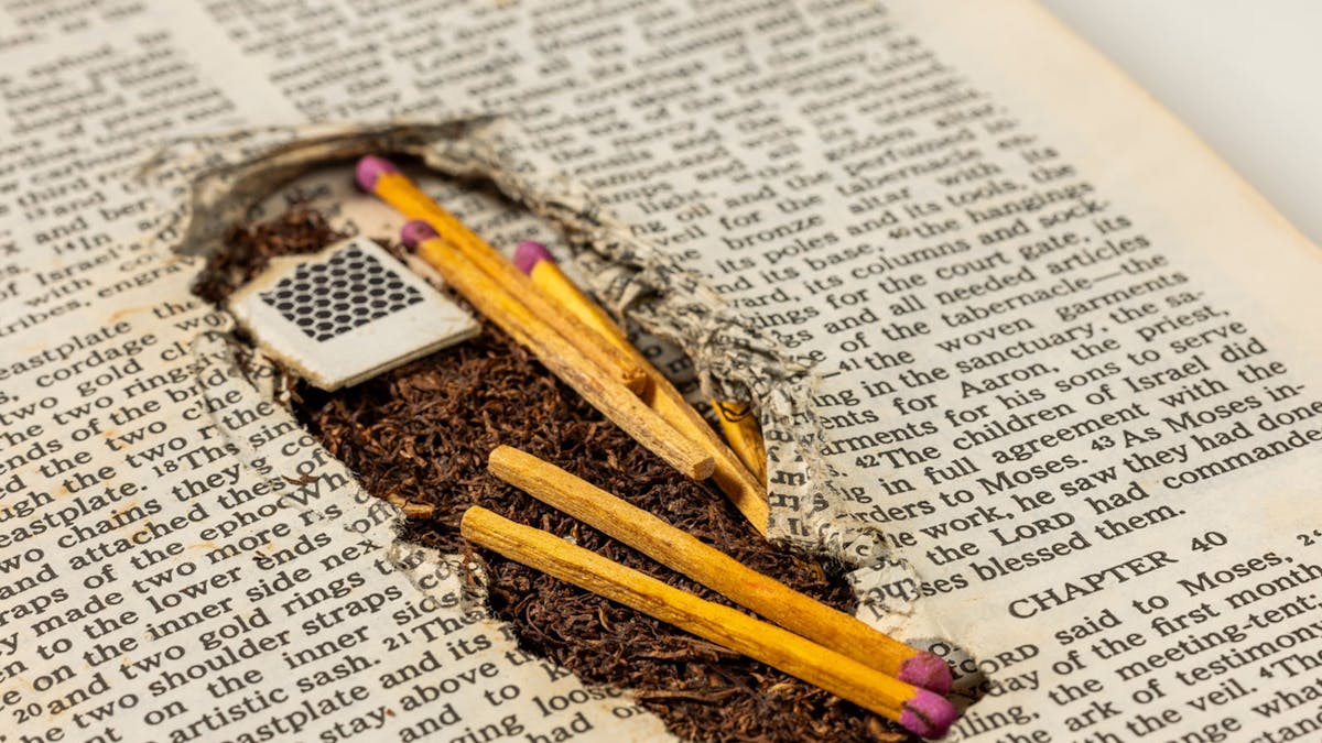 Open book with hidden compartment in pages hiding matchsticks and herb.