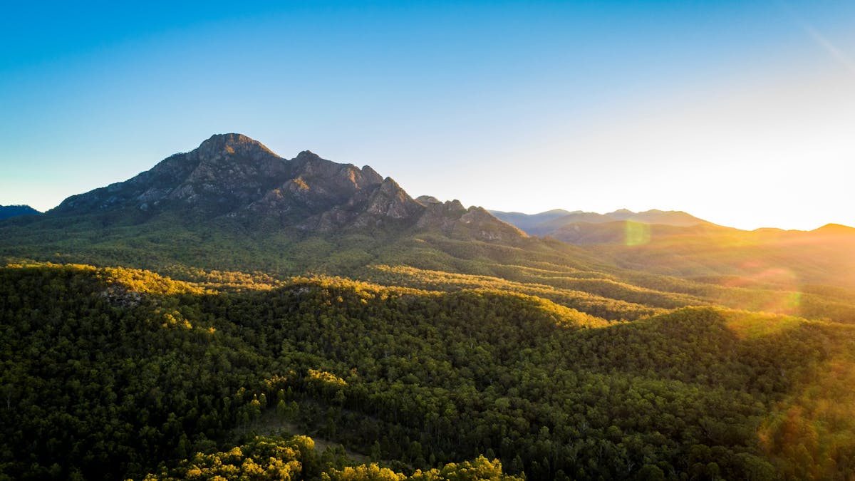Mount Barney mountain bathed in late afternoon sunlight