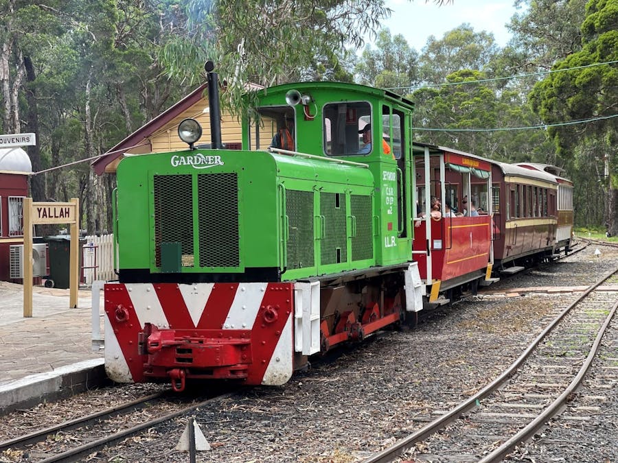 Green train with three brown carriages pulling up to a platform at Illawarra Light Railway Museum