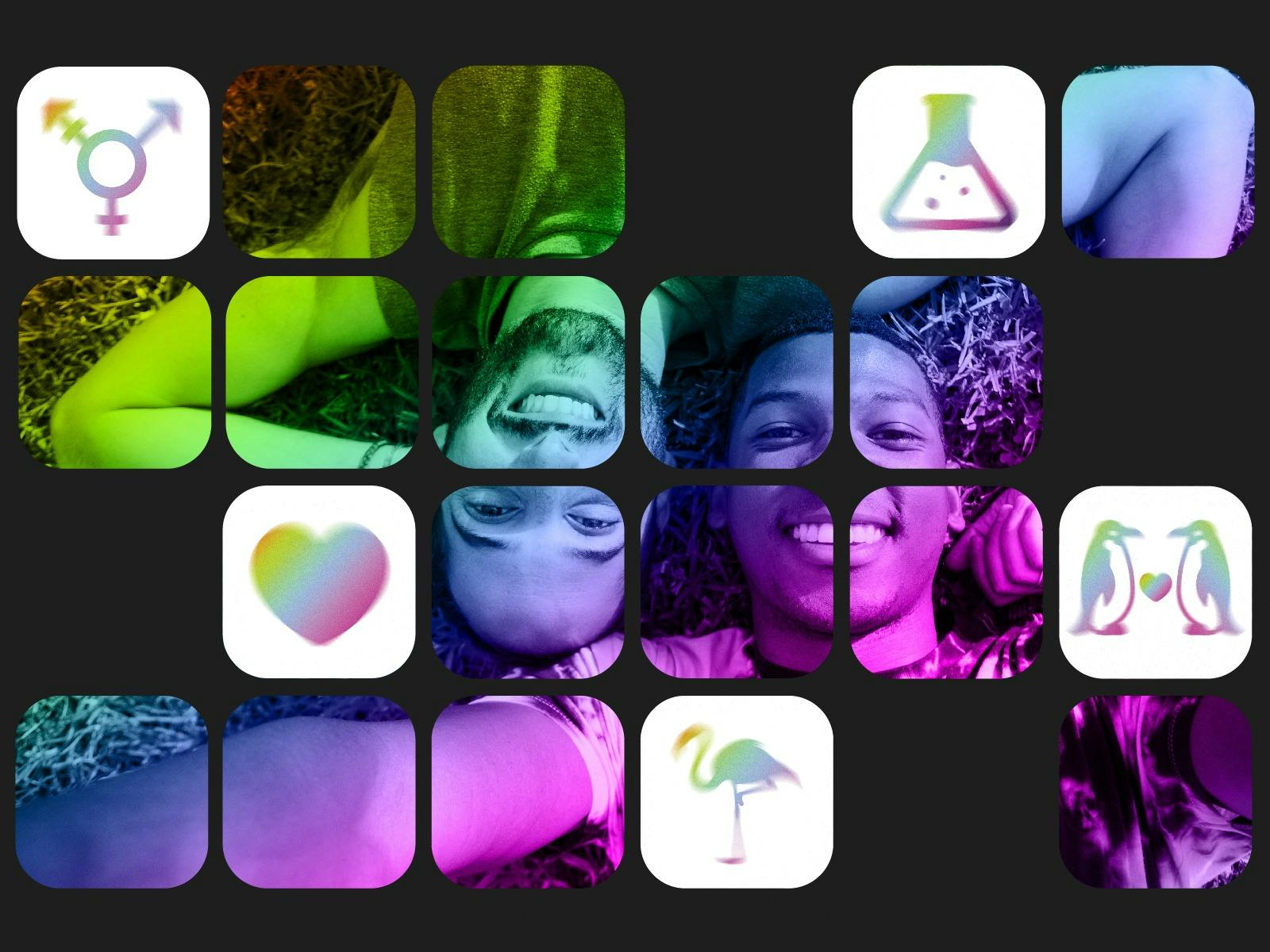 Image of two people with rainbow colours and pride symbols