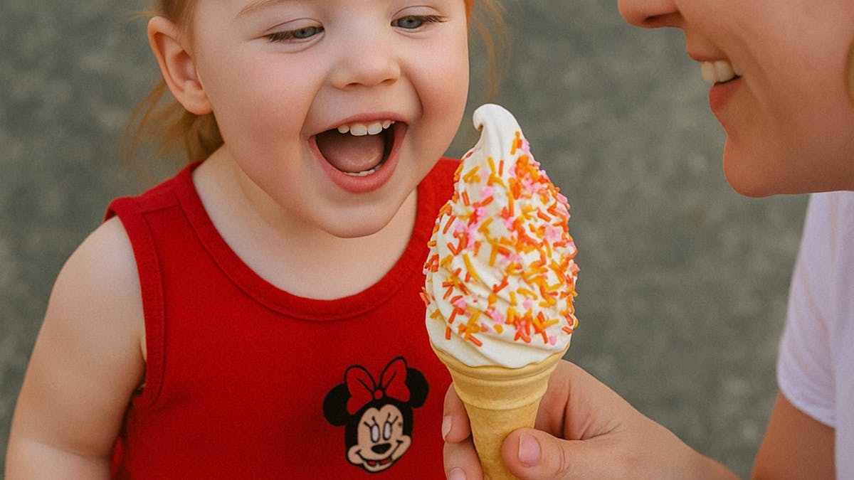 A joyful toddler in a red dress excitedly looks at a soft serve cone held by an adult. A joyful toddler in a red dress excitedly looks at a soft serve cone held by an adult.