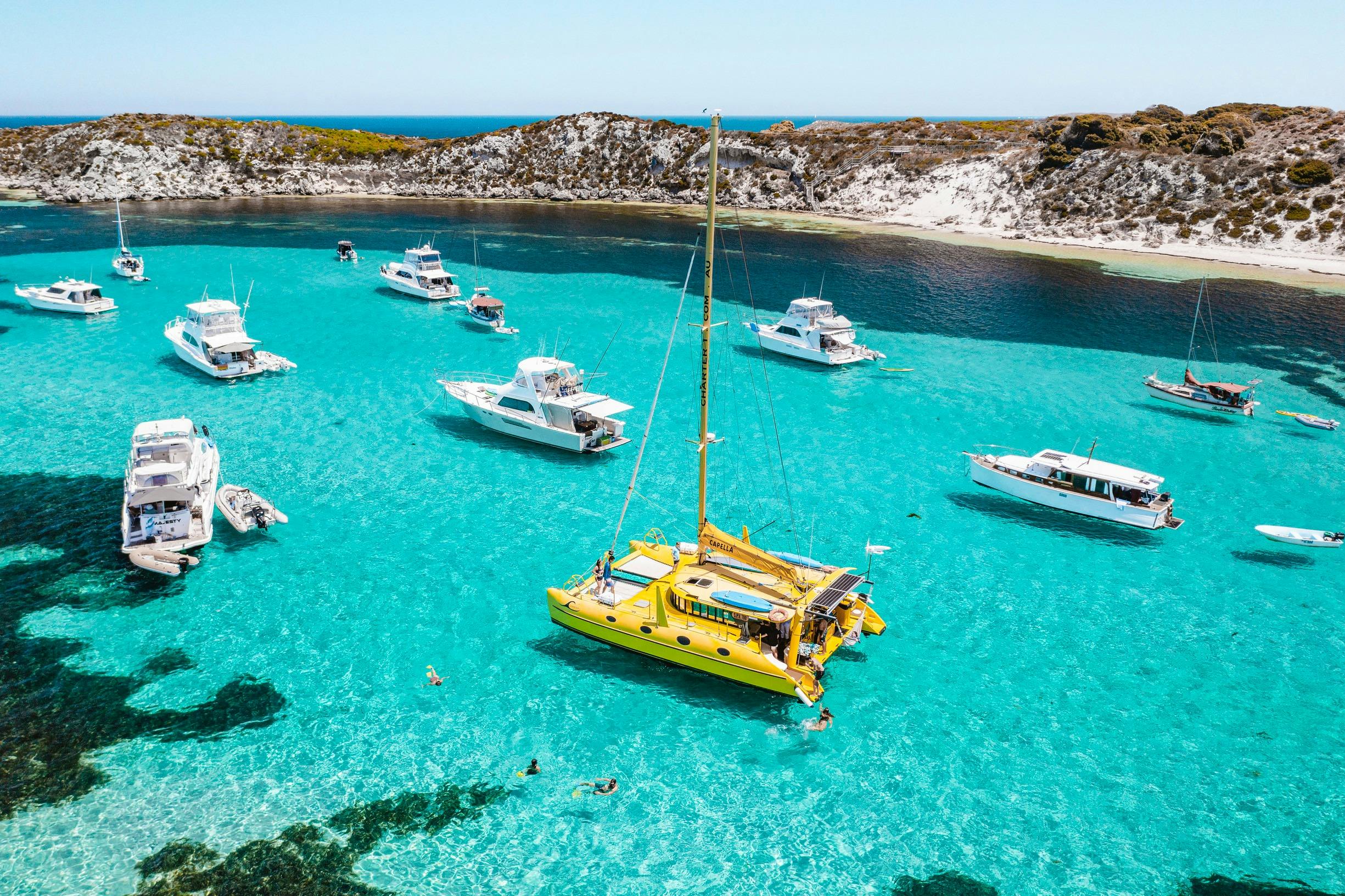 Aerial view of Charter 1 boats on Rottnest Island