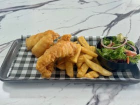 Fish, chips and salad on a plate