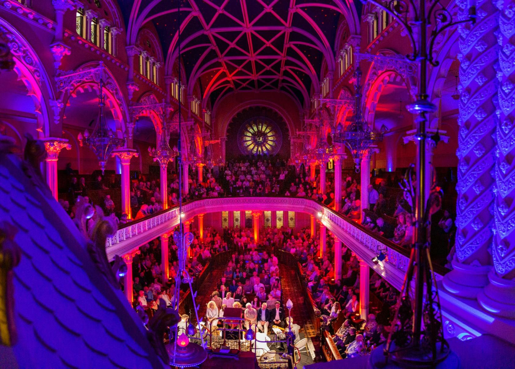 The Great Synagogue lit up with beautiful colours for a Live at Yours concert